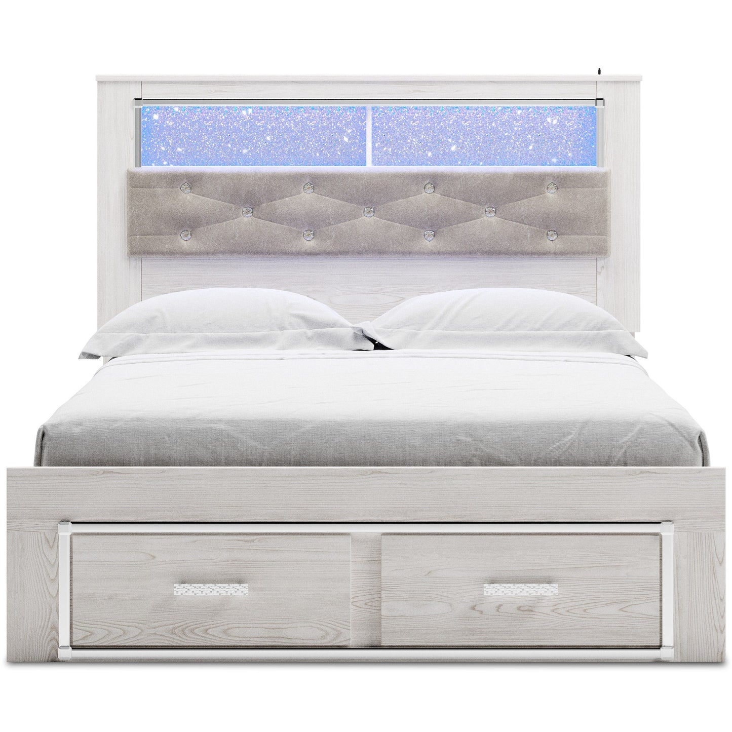 Queen Storage Bed with Upholstered Bookcase Headboard