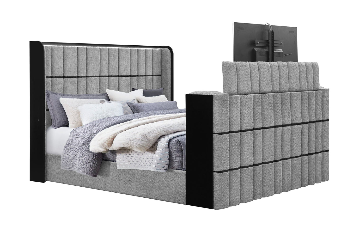 Isabella - King Upholstered Bed With LED, TV Lift, Bluetooth Speaker And Firpeplace Crystal - Gray