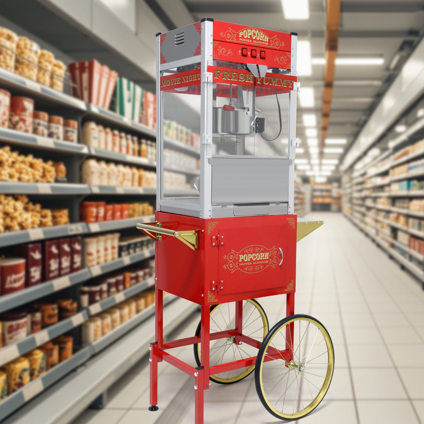 Popcorn Machine On Wheels, 20 Ounce Capacity, 1440W - Red