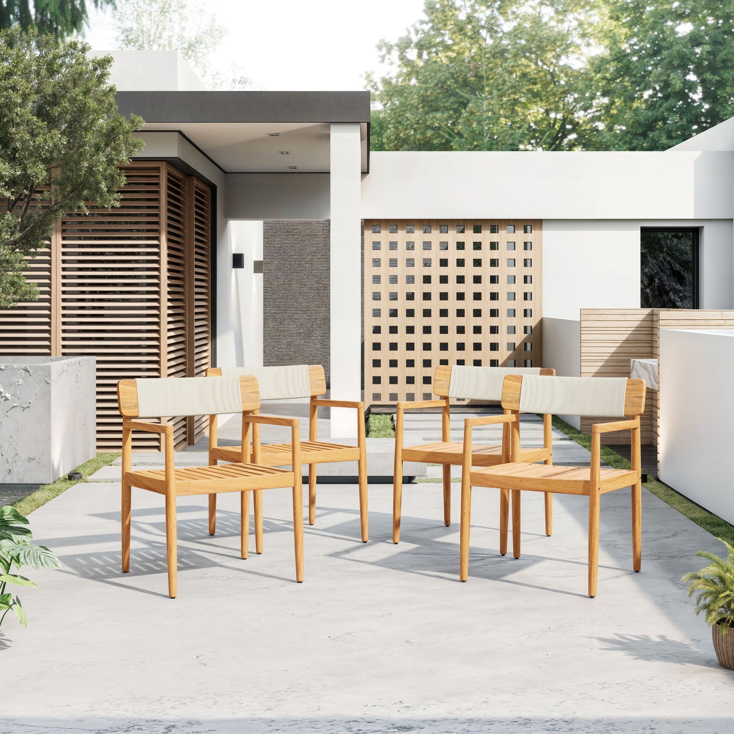 Creative Braided Acacia Wood Outdoor Dining Table And Chairs With Armrests (Set of 2) - Teak / White