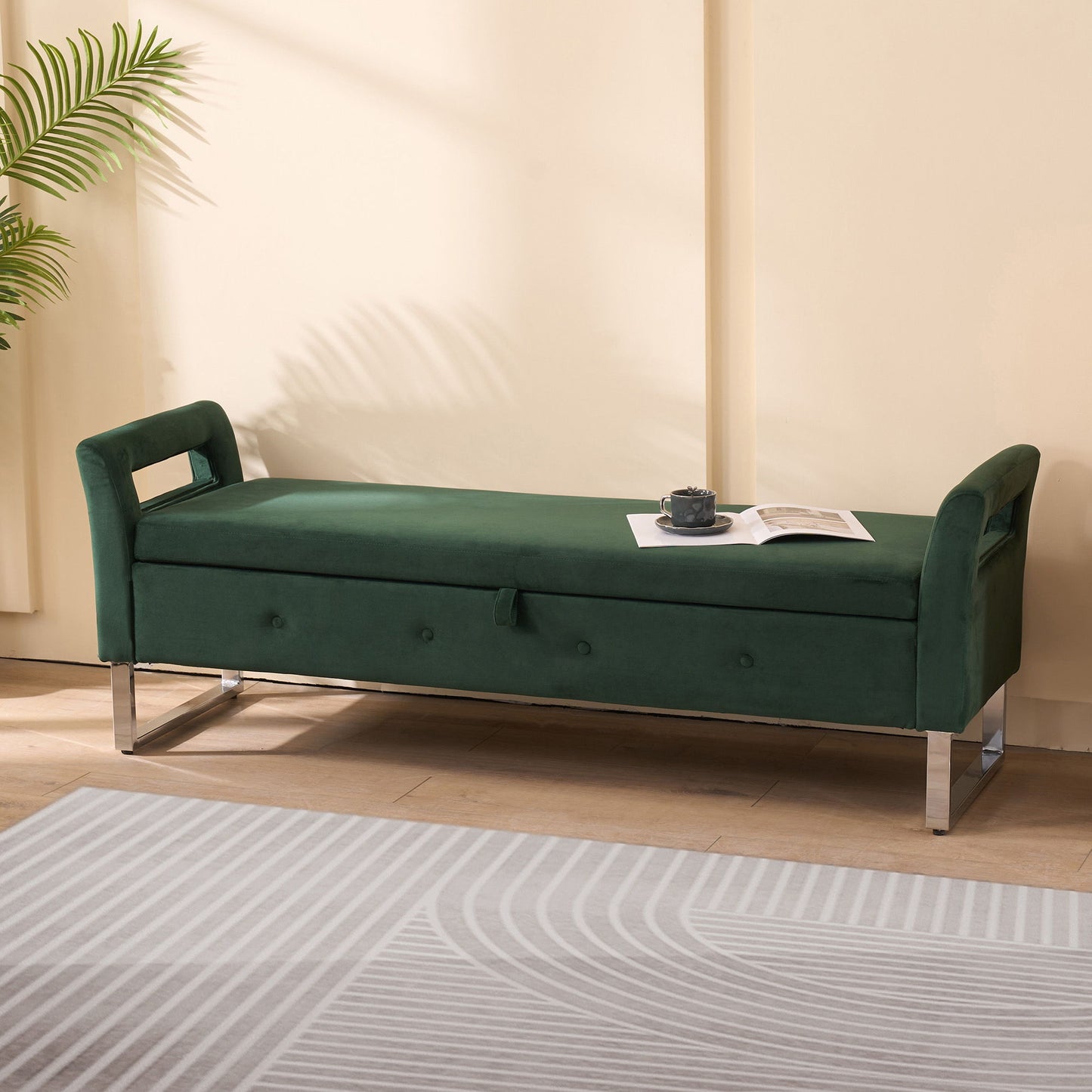 Wide Storage Soft Ottoman Bench With Armrests