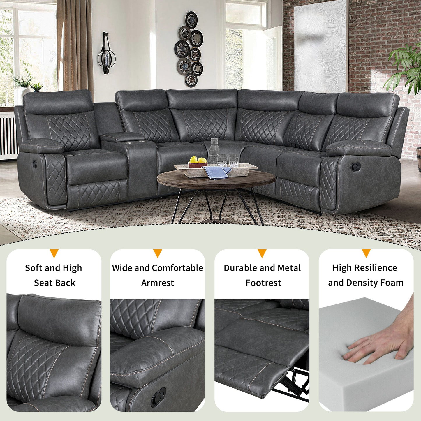 Home Theater Seating Manual Recliner With Cup Holder, Hide - Away Storage Reclining Sofa For Living Room, Home Theater
