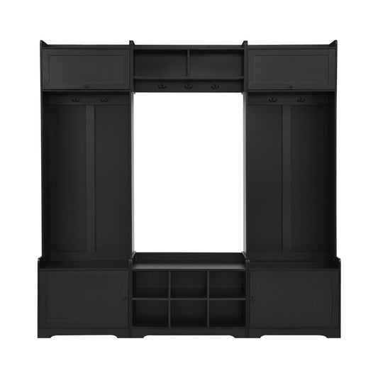 Wide Hall Tree With Shoe Storage, 4 In 1 Entryway Bench With 8 Cubbies, 7 Coat Hooks & Adjustable Shelf For Hallway - Black