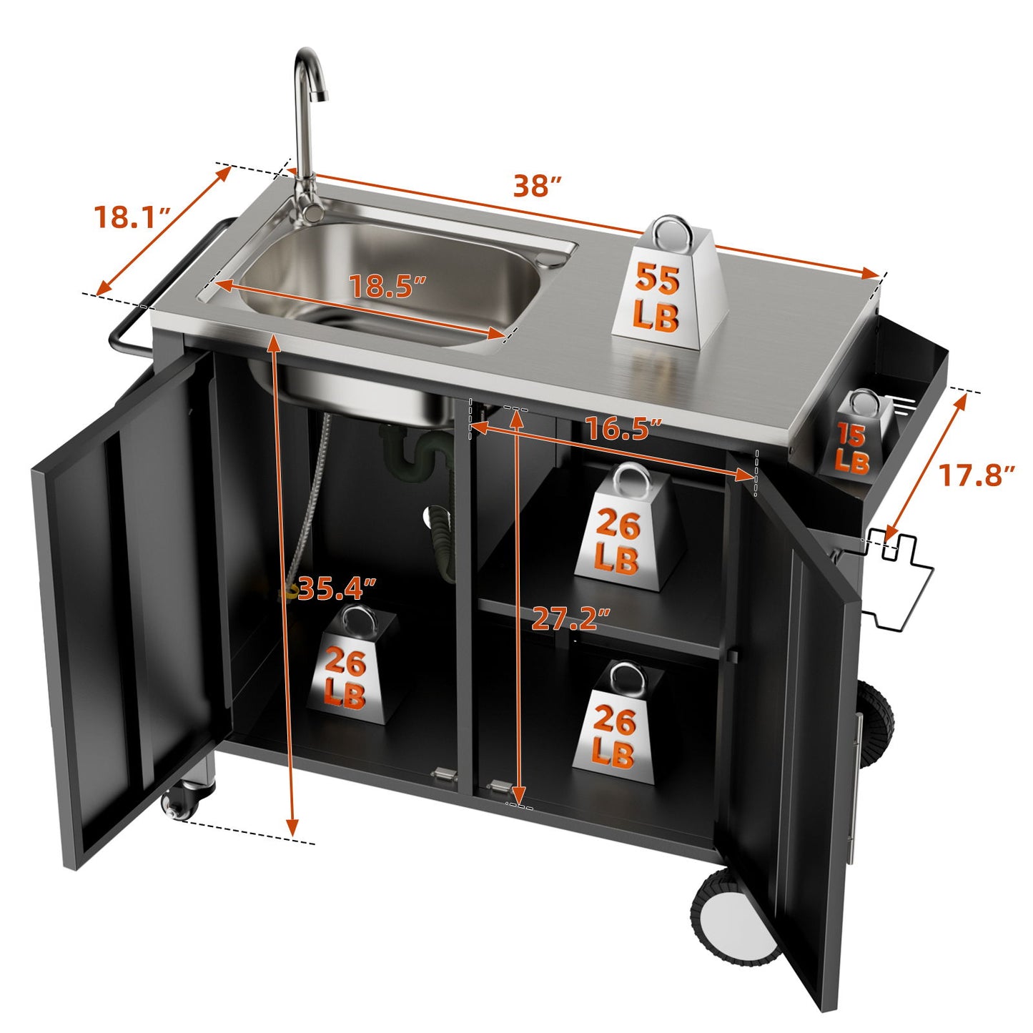 Outdoor Grill Table With Sink, Grill Cart With Sink And Cabinet With Wheels - Black / Silver