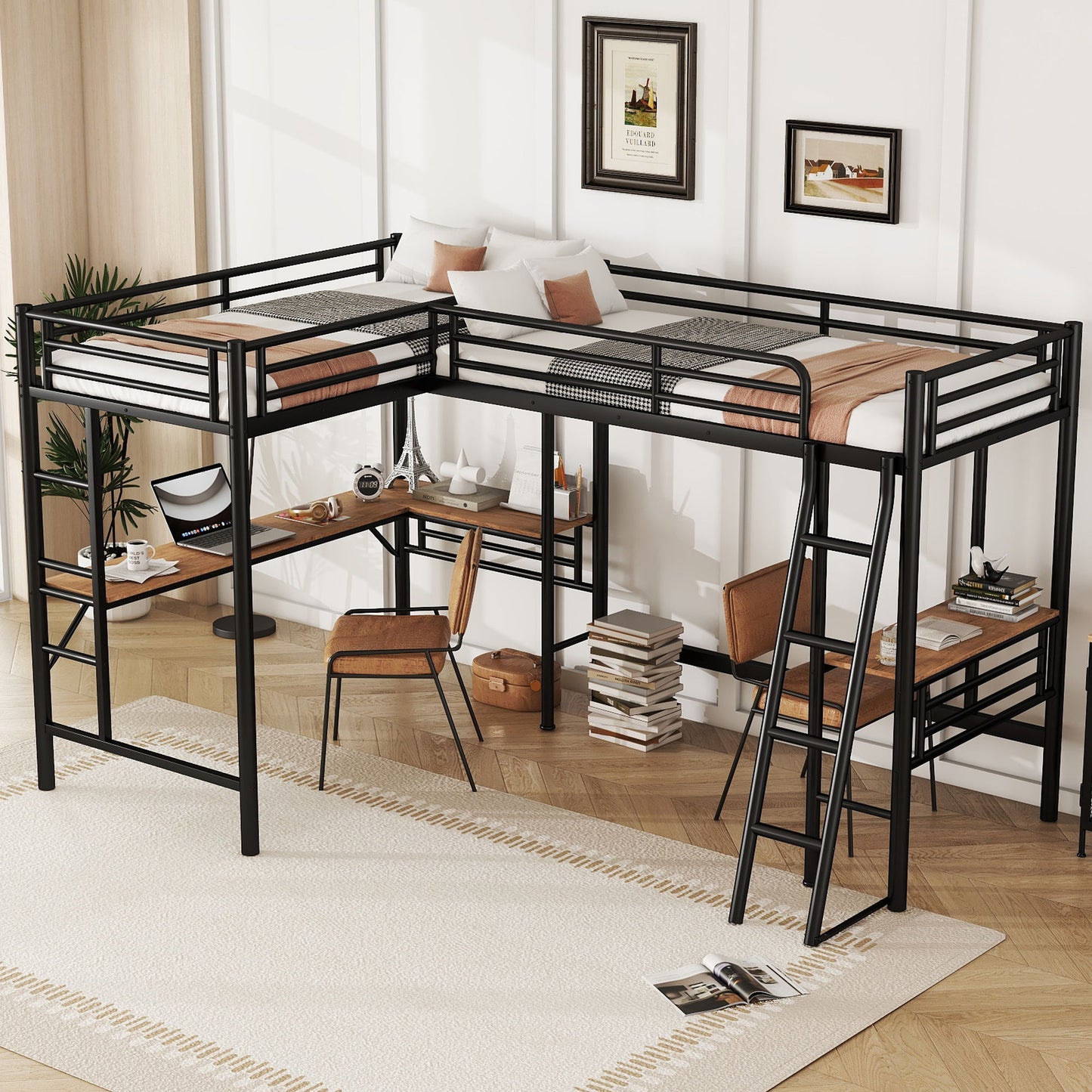 Twin Loft Bed With 2 Built In Desks, Mission Style - Black