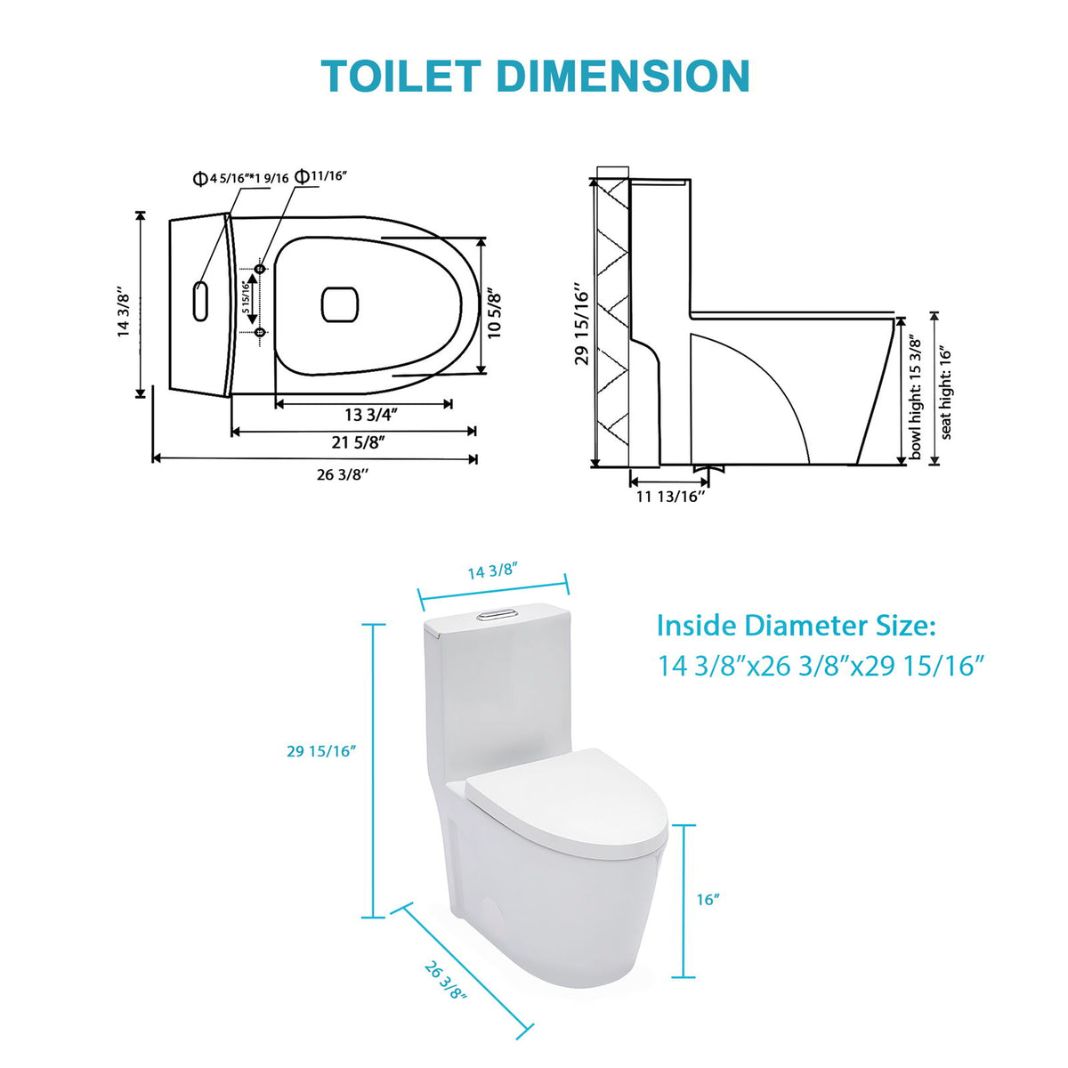 1 Piece Toilet For Bathroom, Dual Flush 1.24 / 1.6 Gpf, Soft Closing Seat - White
