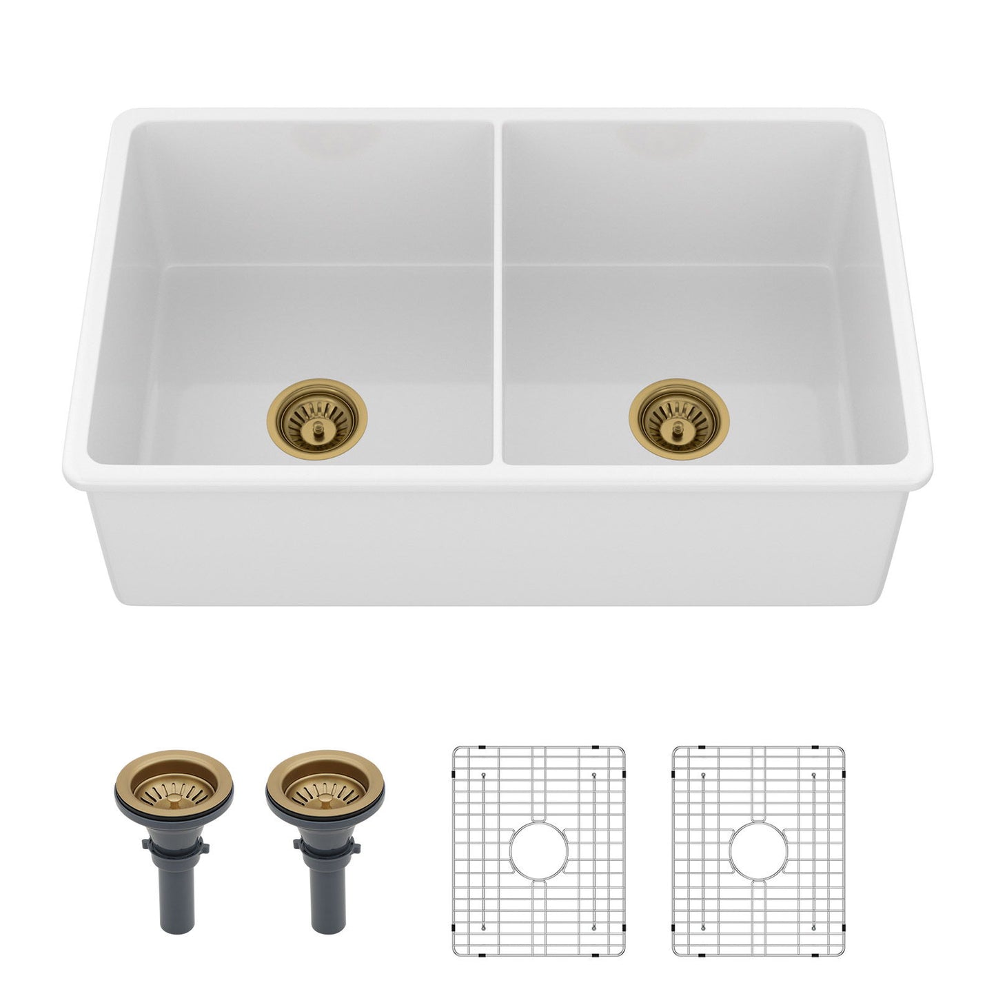 32" Undermount Double Bowl Kitchen Sink Rectangular Deep Dual Bas With Grids - White