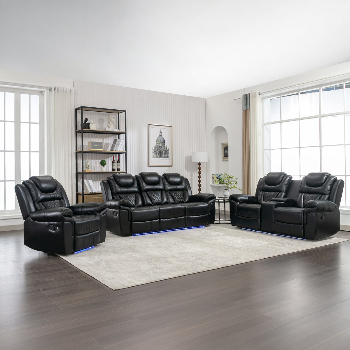 3 Pieces Recliner Sofa Sets Home Theater Seating Manual Recliner Chair With Center Console And LED Light Strip For Living Room