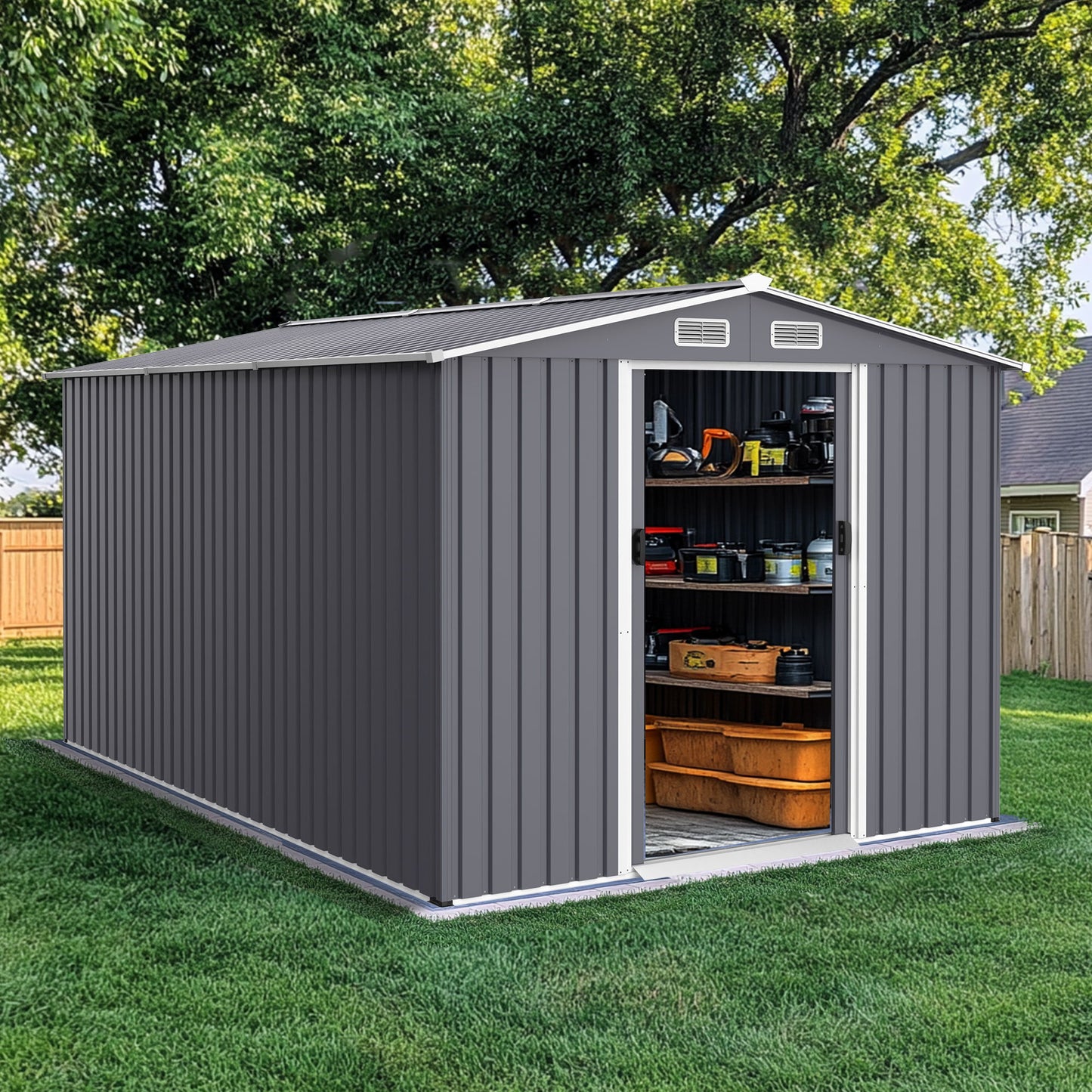 Outdoor Storage Shed Large Metal Tool Sheds, Heavy Duty Storage House With Sliding Doors