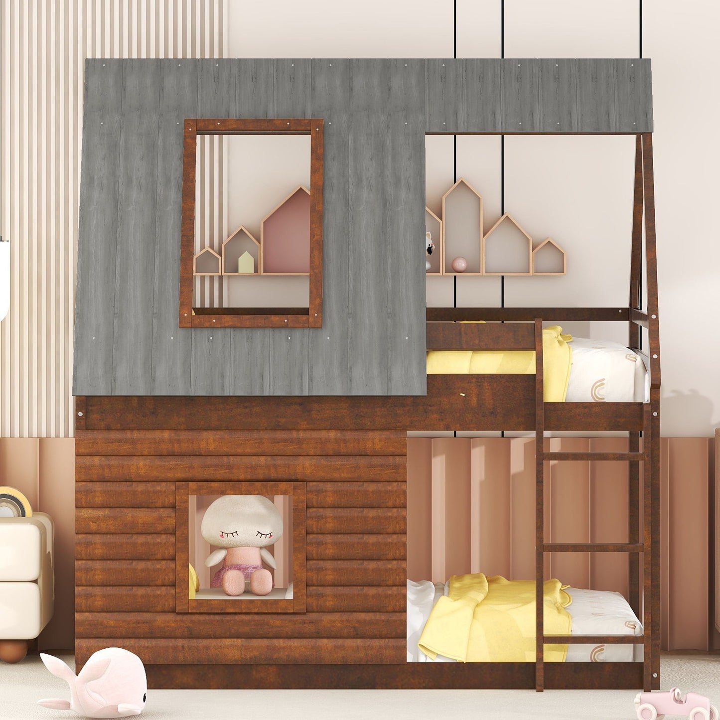 Twin Size House Bunk Bed With Roof, Ladder And 2 Windows - Brown & Smoky Gray
