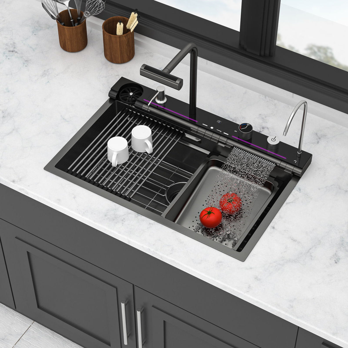 30" Single Bowl Kitchen Sink With Smart LED Faucet