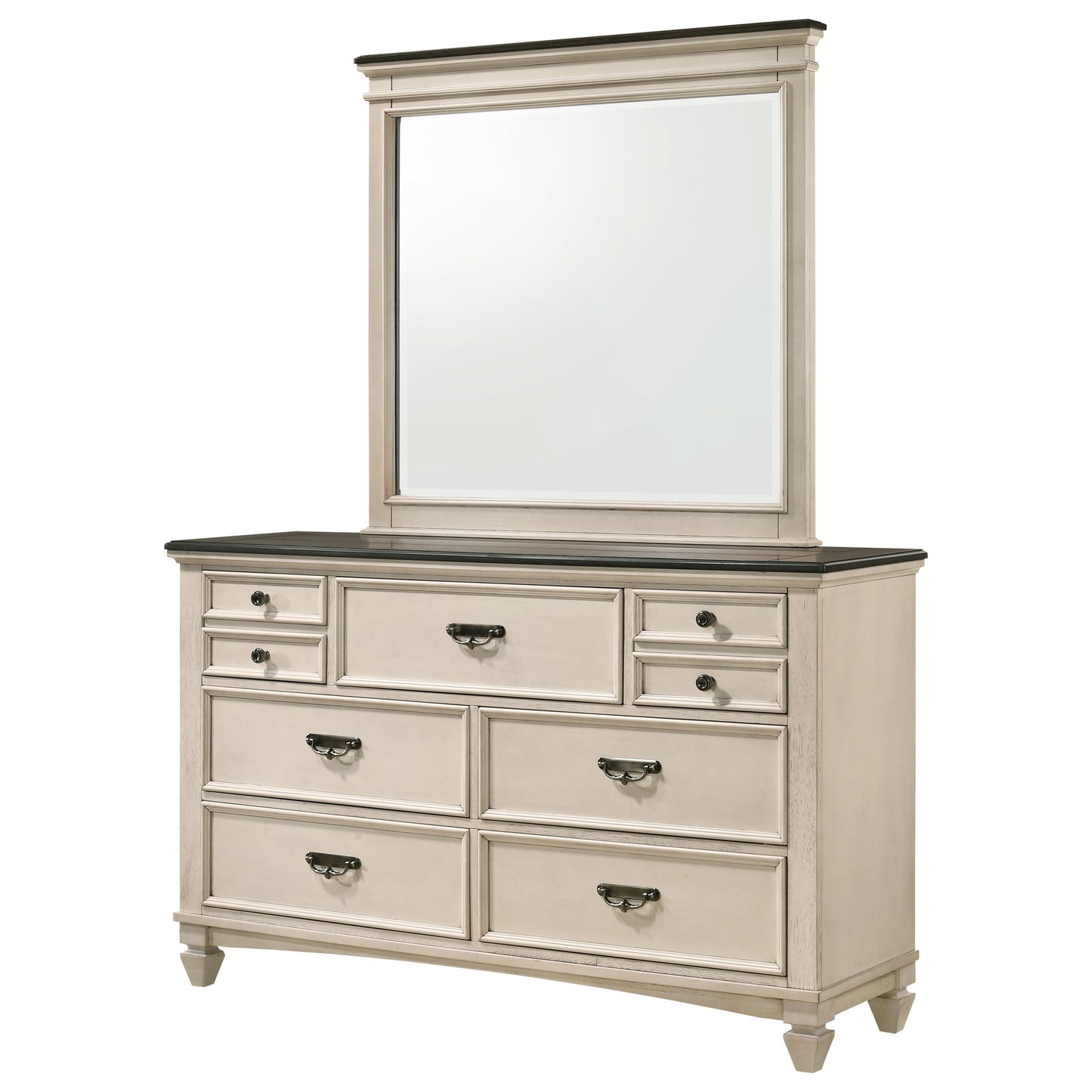 Transitional Two-Toned Rectangular Beveled Dresser Mirror with Crown Top Trim