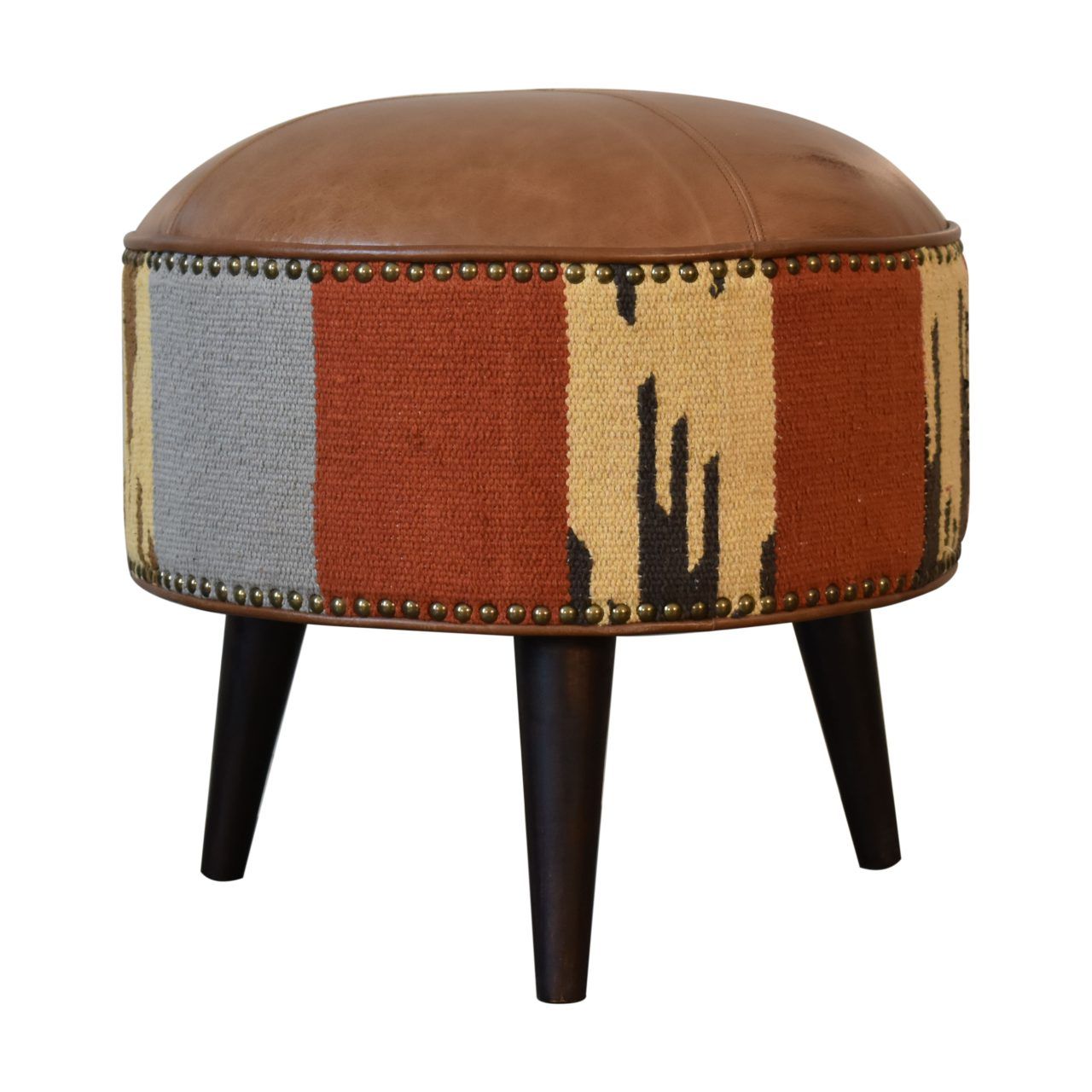 Durrie & Leather Mixed Footstool - Brown