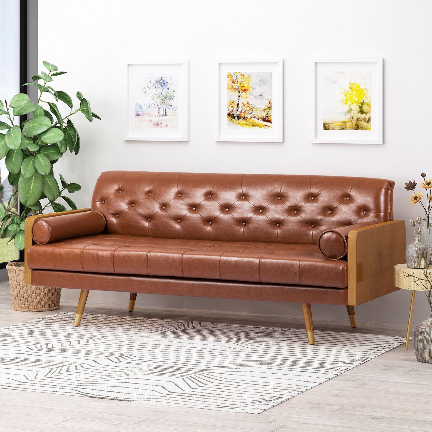 Adelaide - Tufted Sofa With Rolled Accent Pillows - Light Brown