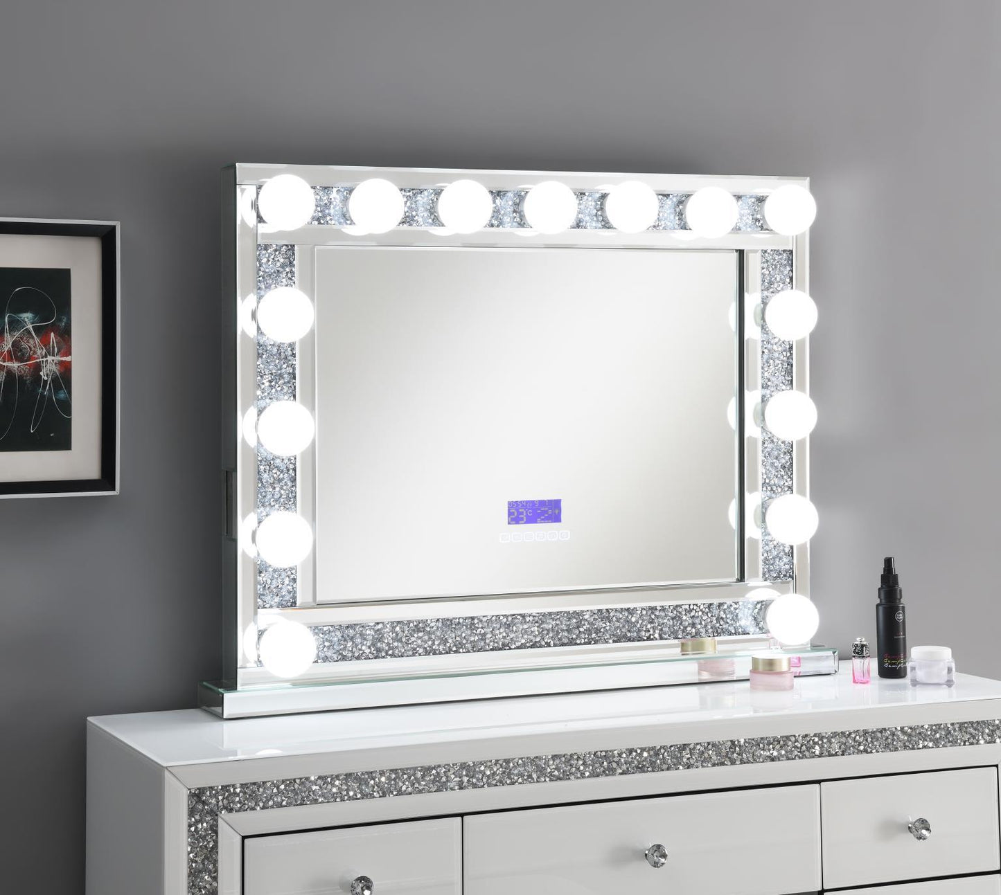 G-320 - Glamour Vanity Set (MDF Dresser + Mirror Bluetooth Speaker With Lights) - Pearl Silver