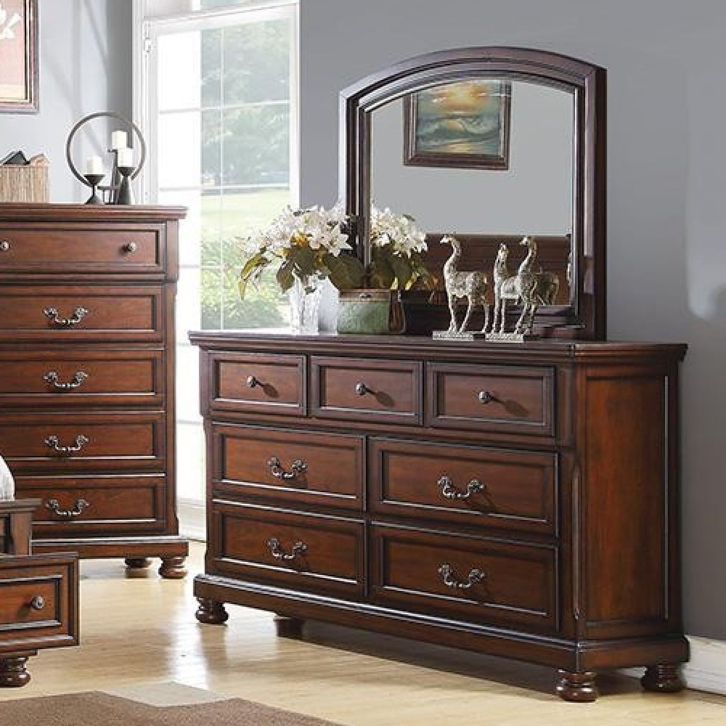 Dresser With 3 Small & 4 Large Drawers, Round Knobs, Bedroom Furniture - Cherry
