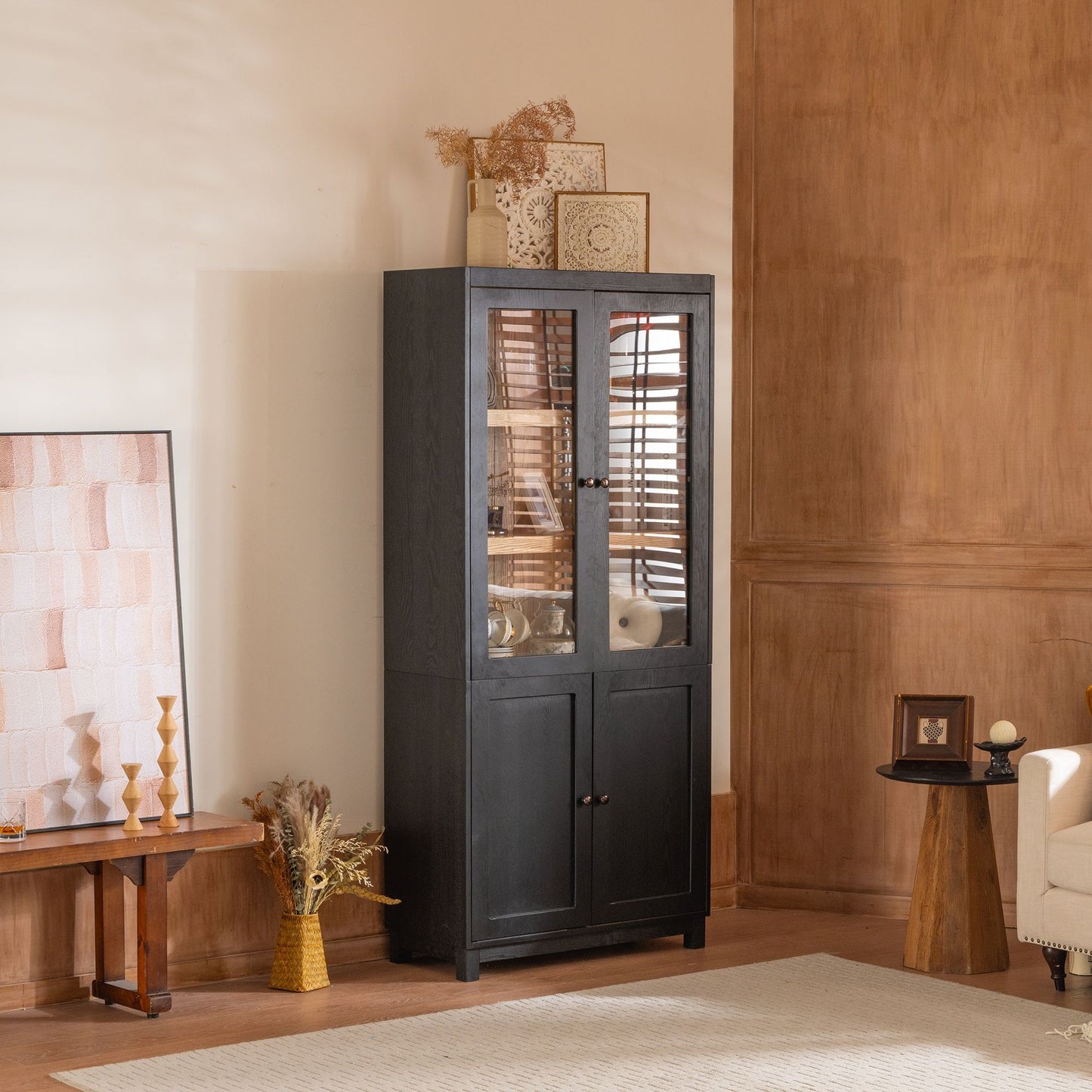 Style Tall Display Cabinet With Glass Doors For Collectibles - Black