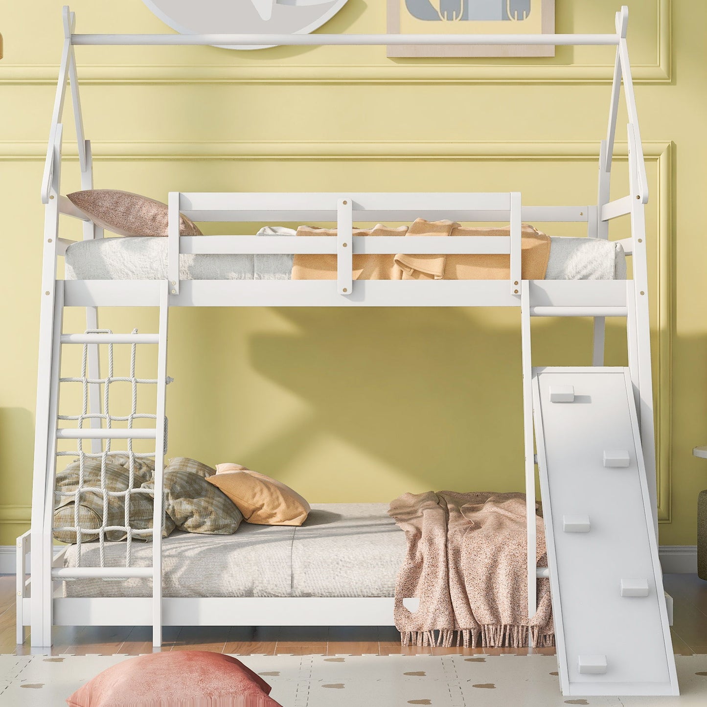 Georgiana - Twin Over Queen House Bunk Bed With Climbing Nets And Climbing Ramp