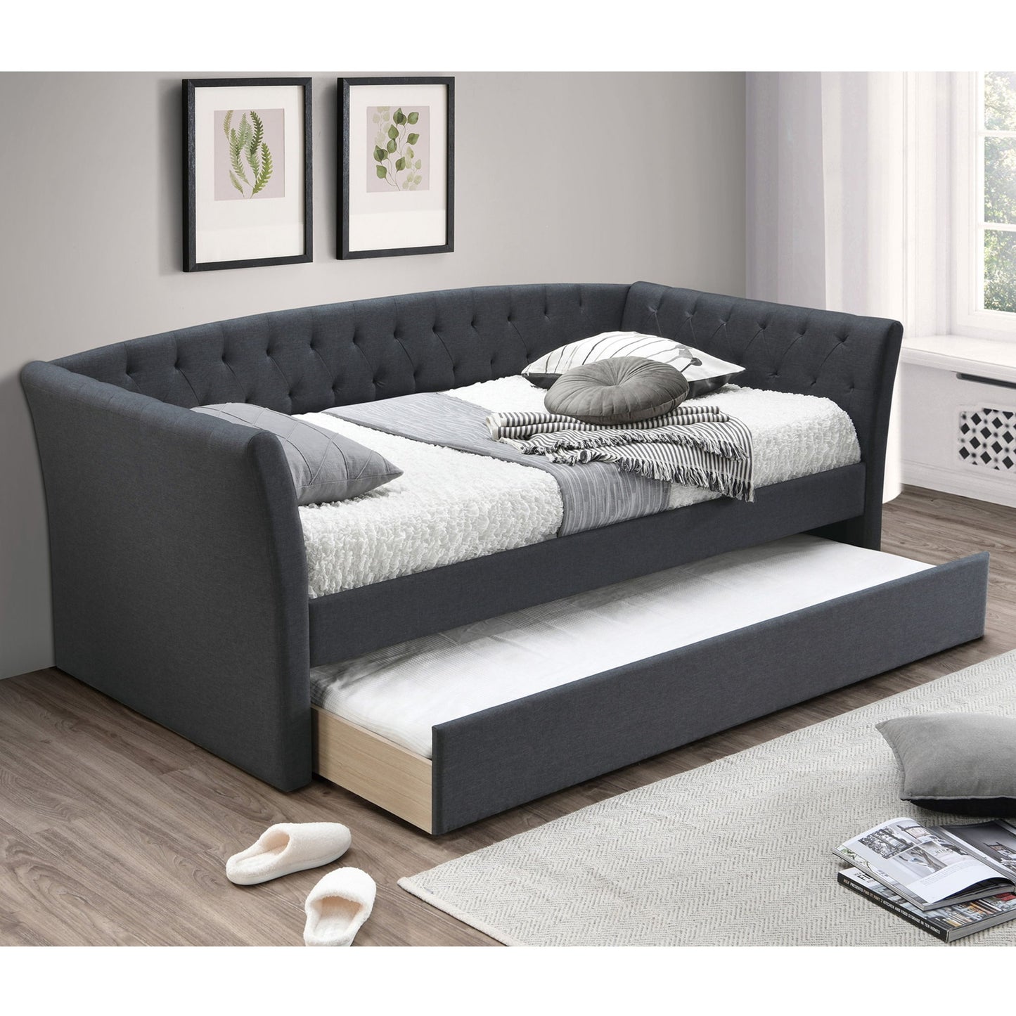 Daybed With Trundle Button Tufted Slat Included - Charcoal