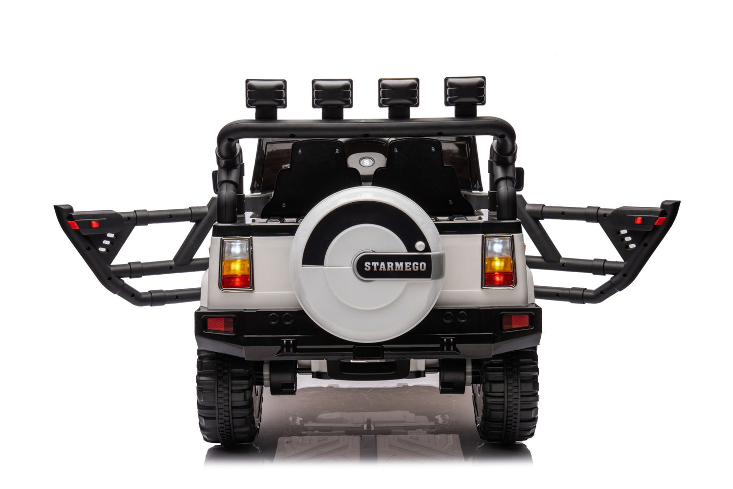 12V7A 30W*2 Four-Wheel Drive Seat One Button Start, Forward And Backward, High And Low Speed, Music, Front Light, Power Display, Two Doors Can Open, 2.4G R / C, Seat Belt Four Wheel Absorber