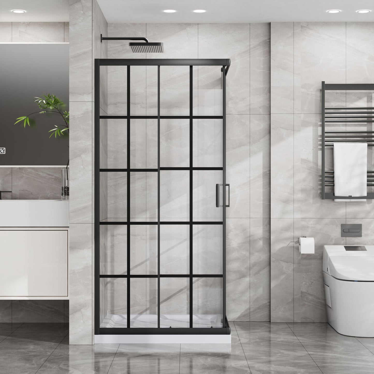 Corner Shower Door, Shower Enclosure With Dual Sliding Doors - Matte Black