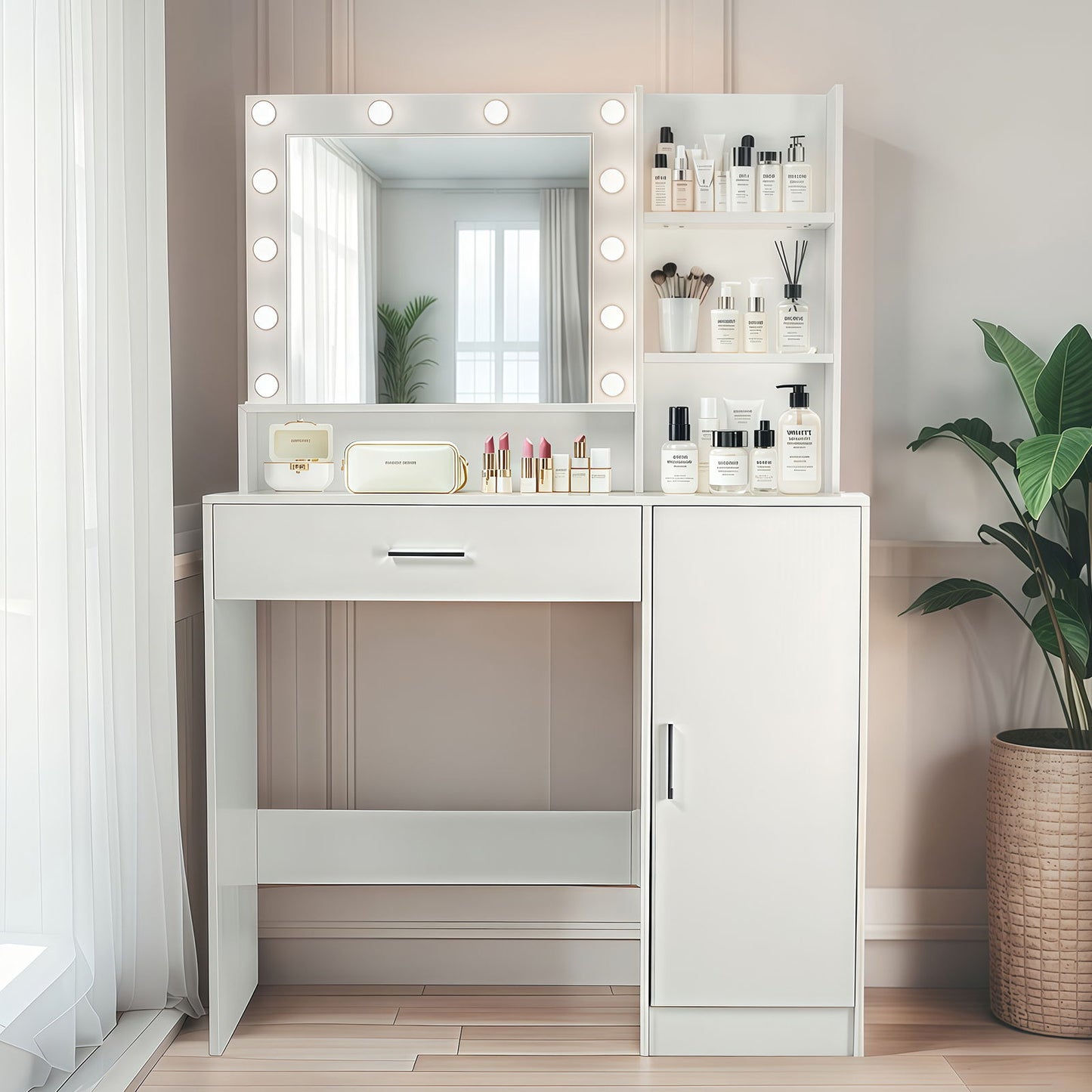 Vanity Desk With Mirror And Adjustable LED Lights, 3 Lighting Modes, Drawer And Storage Cabinet - White