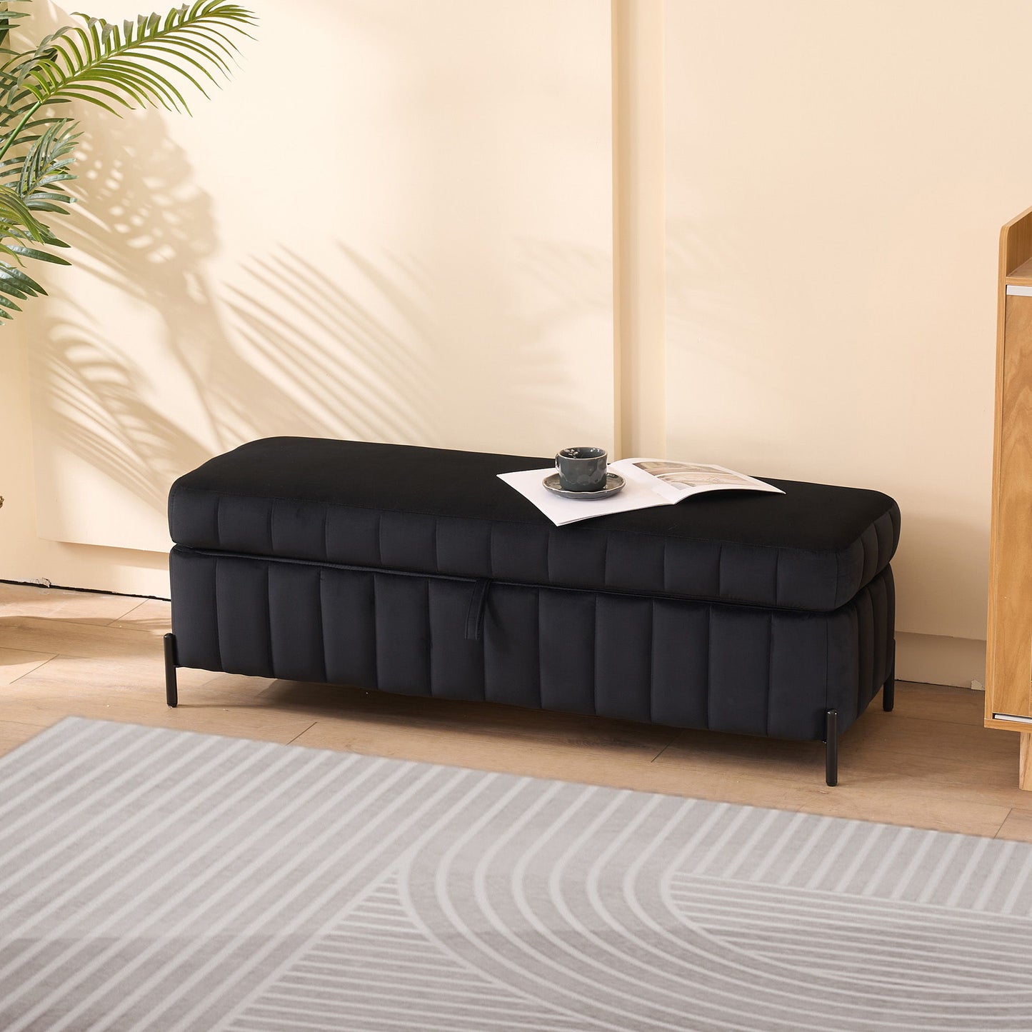 Wide Upholstered Velvet Storage Soft Bench Ottoman With Metal Legs