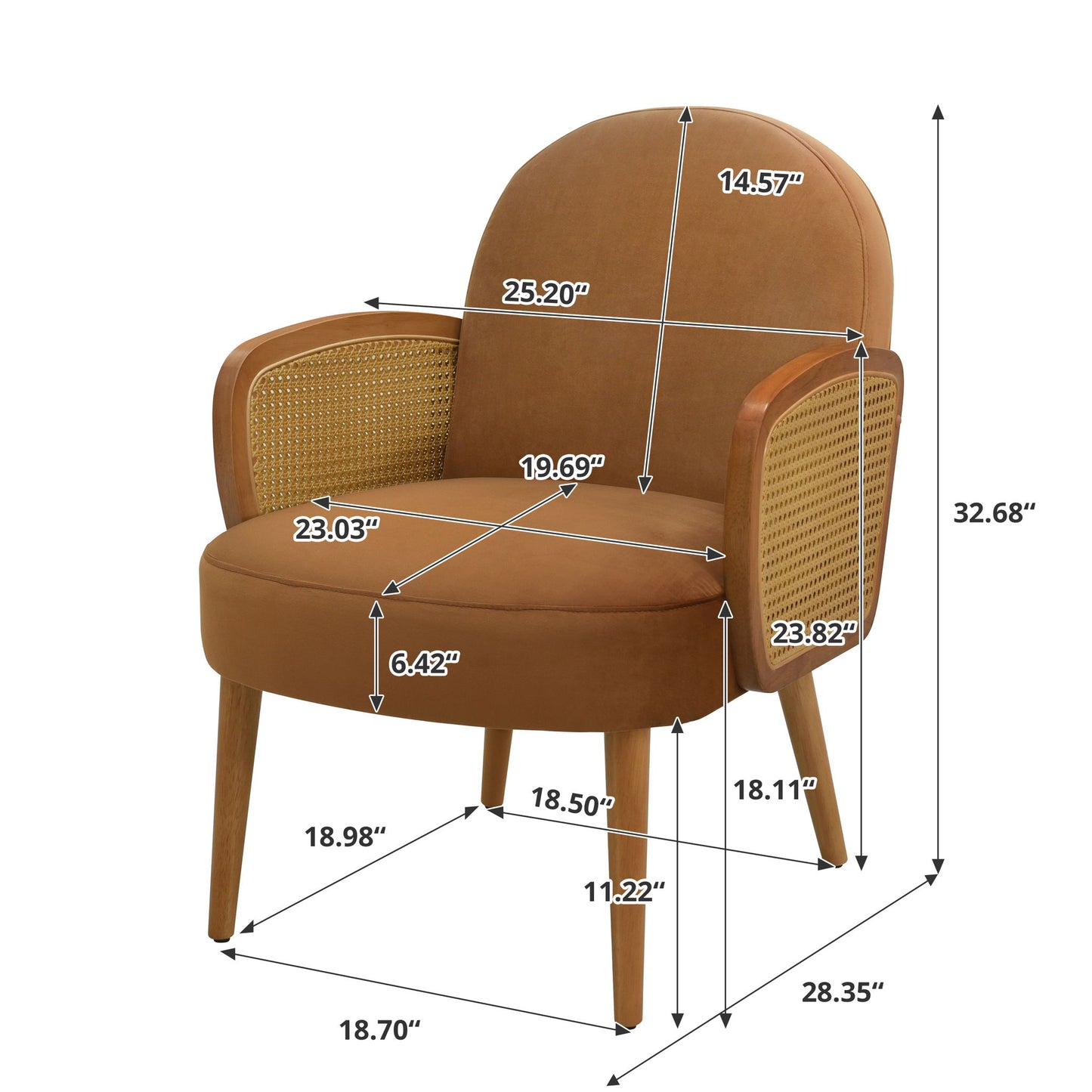 Accent Chair With Rattan Armrests And Wooden Legs Velvet For Living Room