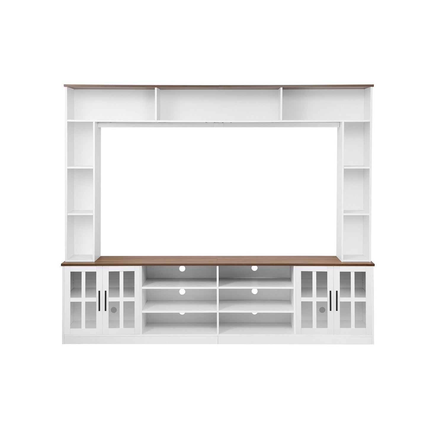 Wall Unit Entertainment Center With Bookshelves For TVs Up To 80", Tempered Glass Doors And Adjustable Shelves