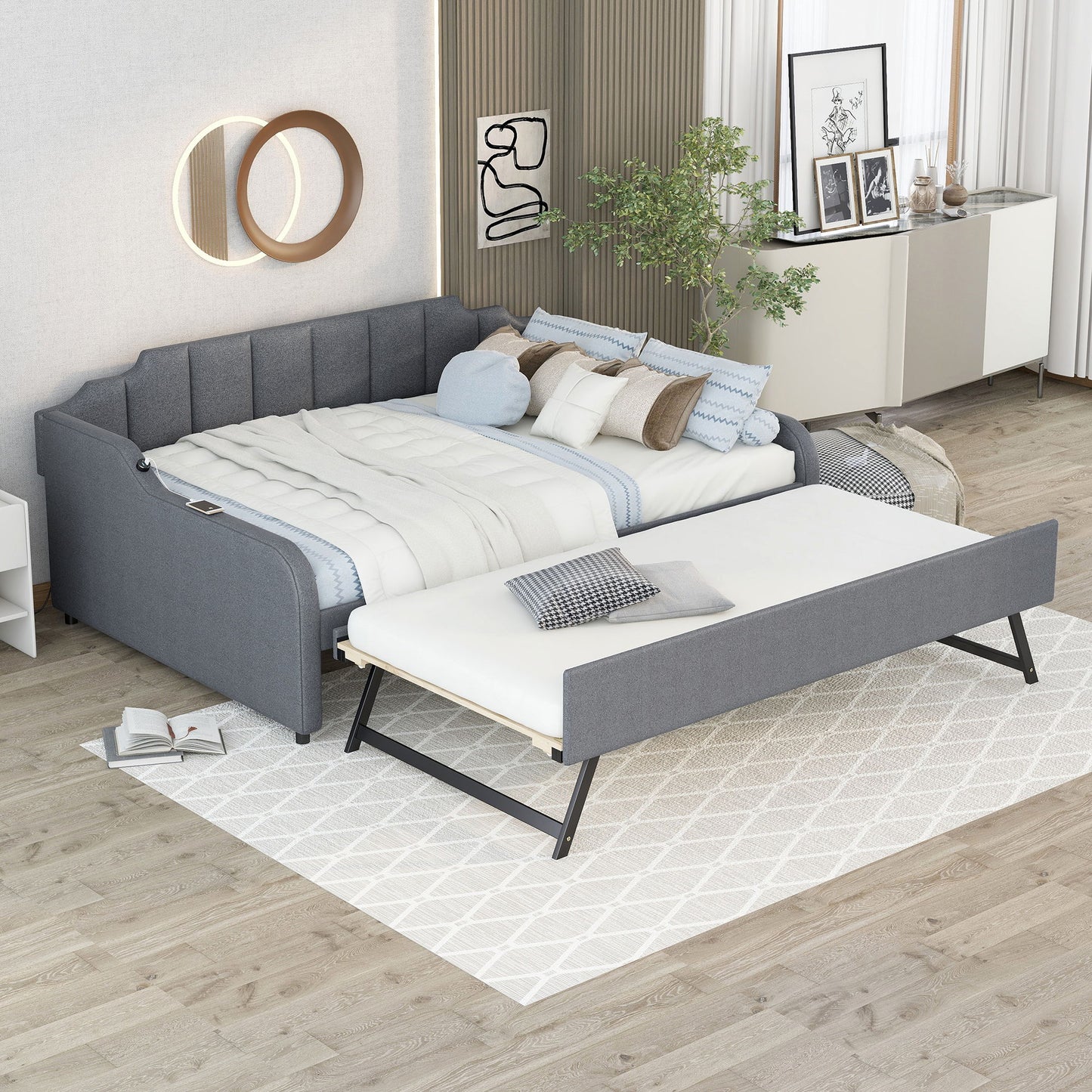 Full Size Upholstered Daybed With Trundle And USB Charging - Gray
