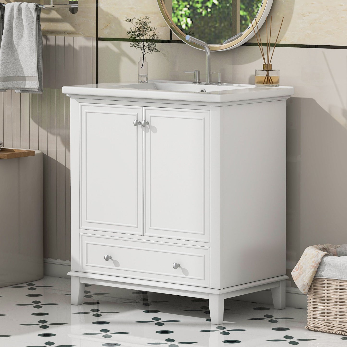 30" Bathroom Vanity With Sink Combo Undermount Sink, Cabinet With Doors And Drawer - White