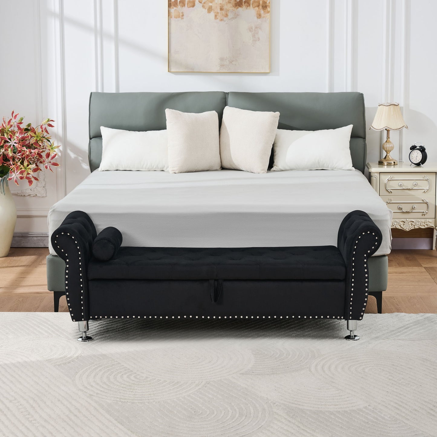 Storage Bench With Crystal Buttons And 1 Pillow For Bedroom