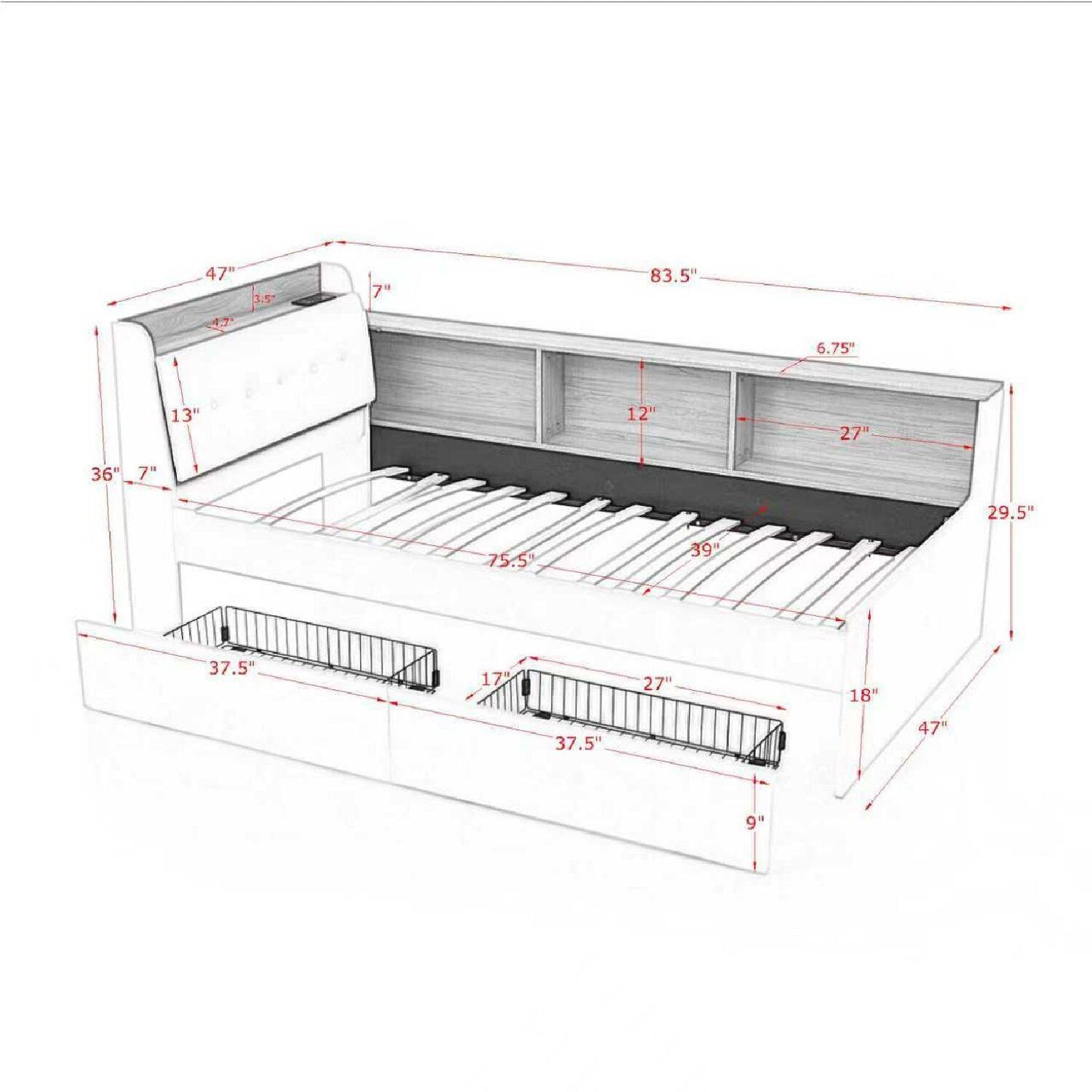 Upholstered Daybed With Storage Headboard, Wireless Charging, LED Lights