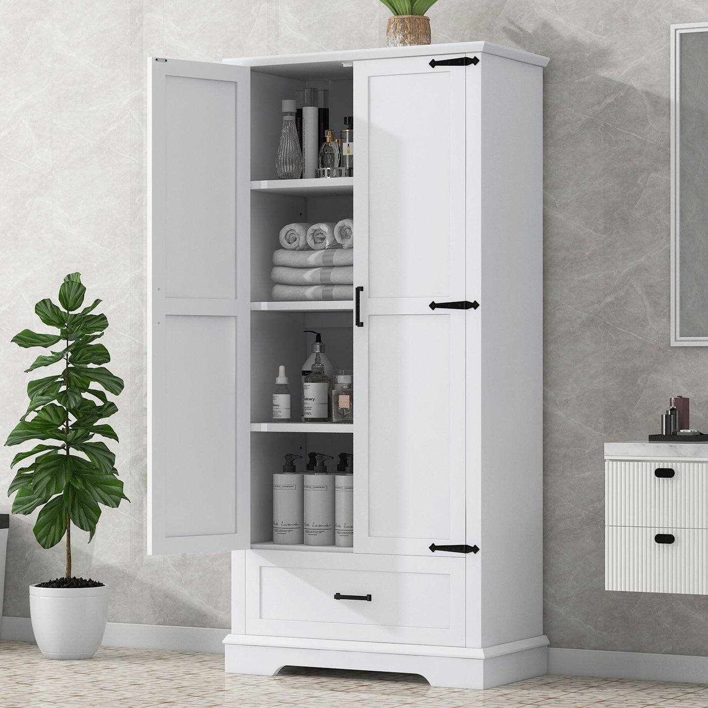 Tall Bathroom Storage Cabinet With 2 Doors And 2 Drawer, Adjustable Shelf - White