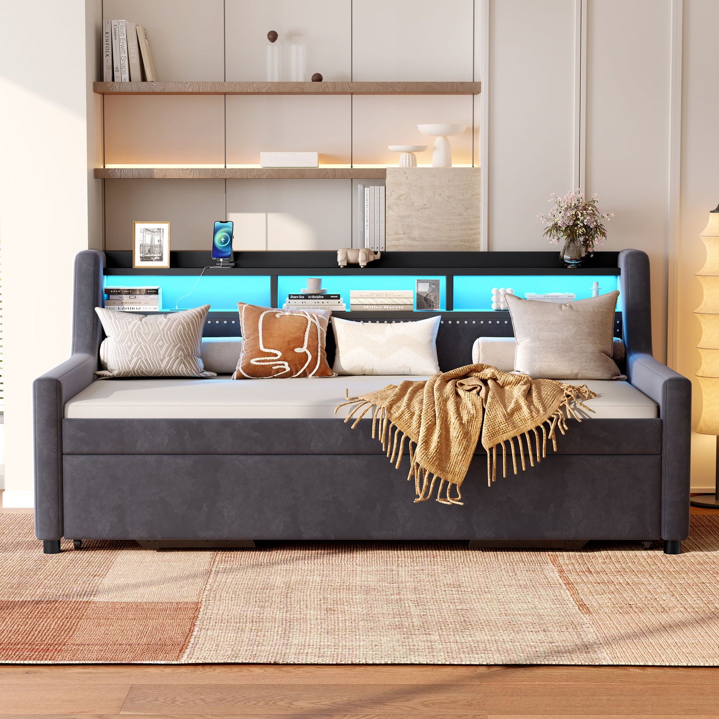 Twin Size Daybed With Trundle With LED Light & Charging Station - Dark Gray
