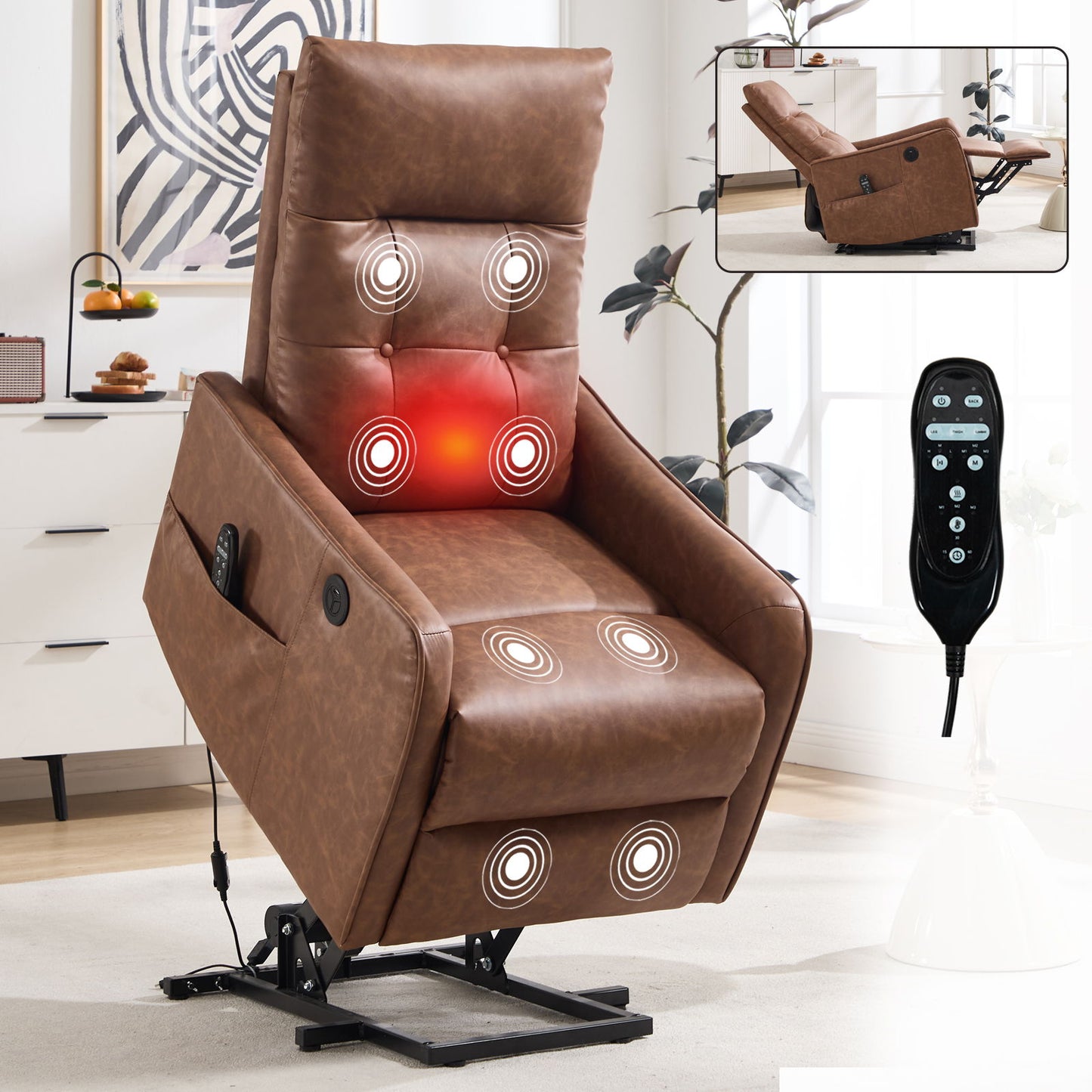 Single Motor Power Lift Recliner Chair With Massage And Heat, USB For Charging - Brown