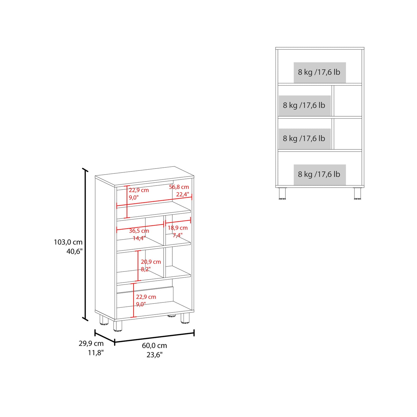 Bookcase, 6 Shelves, 4 Legs - Black