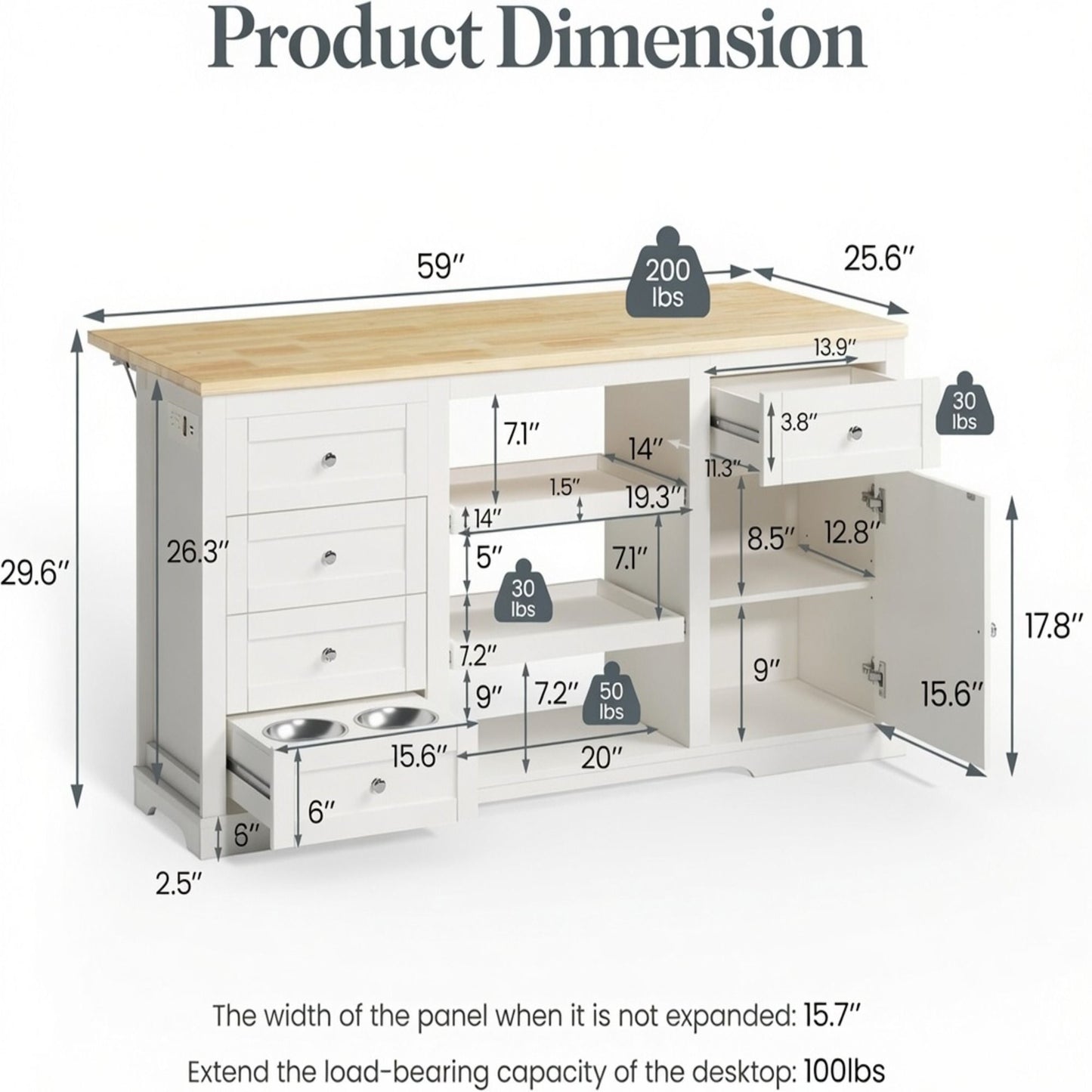 Drop Leaf Kitchen Island With Storage, Power Outlet & Pet Bowl Drawer - White / Light Oak