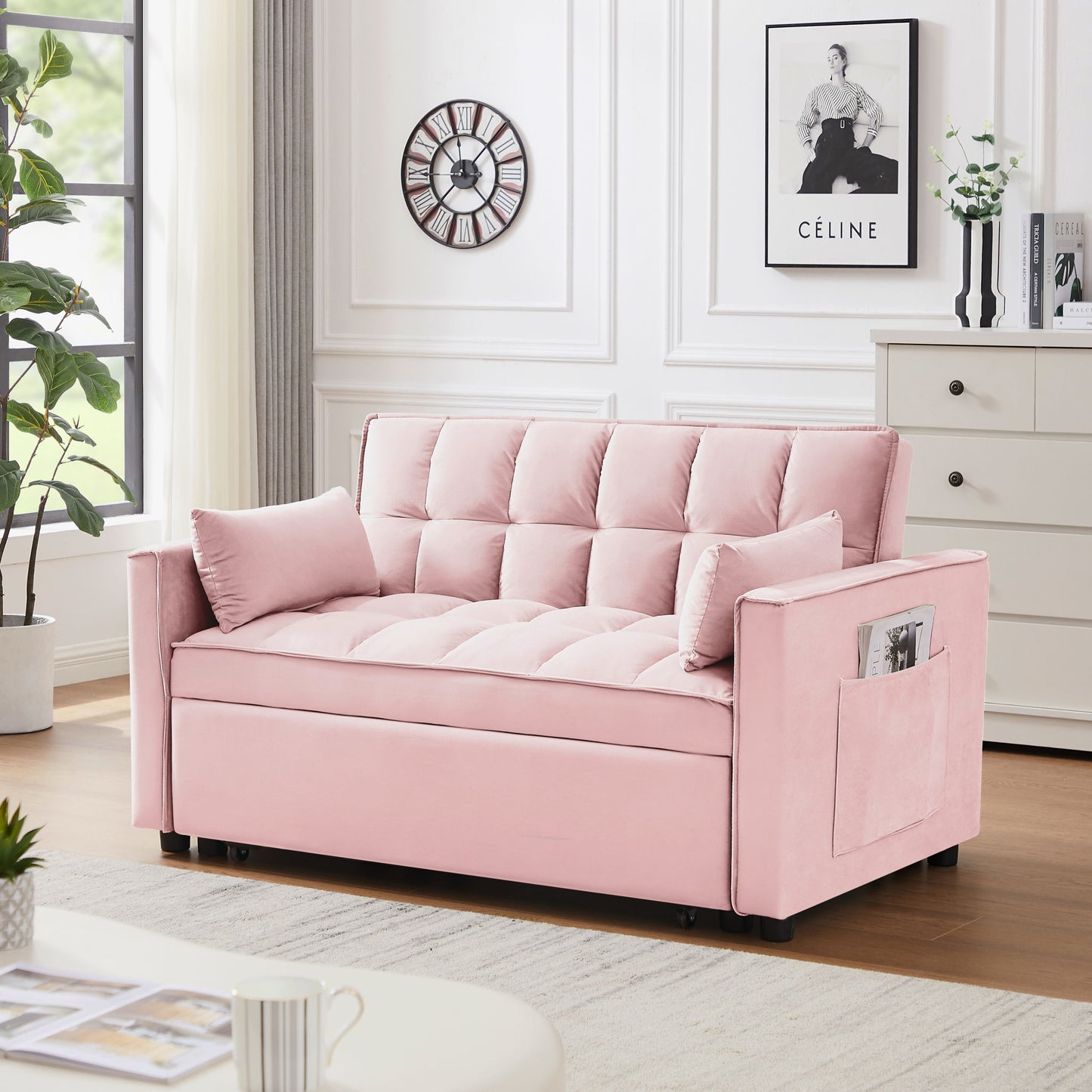 Modern Convertible Loveseat Futon Sofa With Pullout Bed, Reclining Backrest
