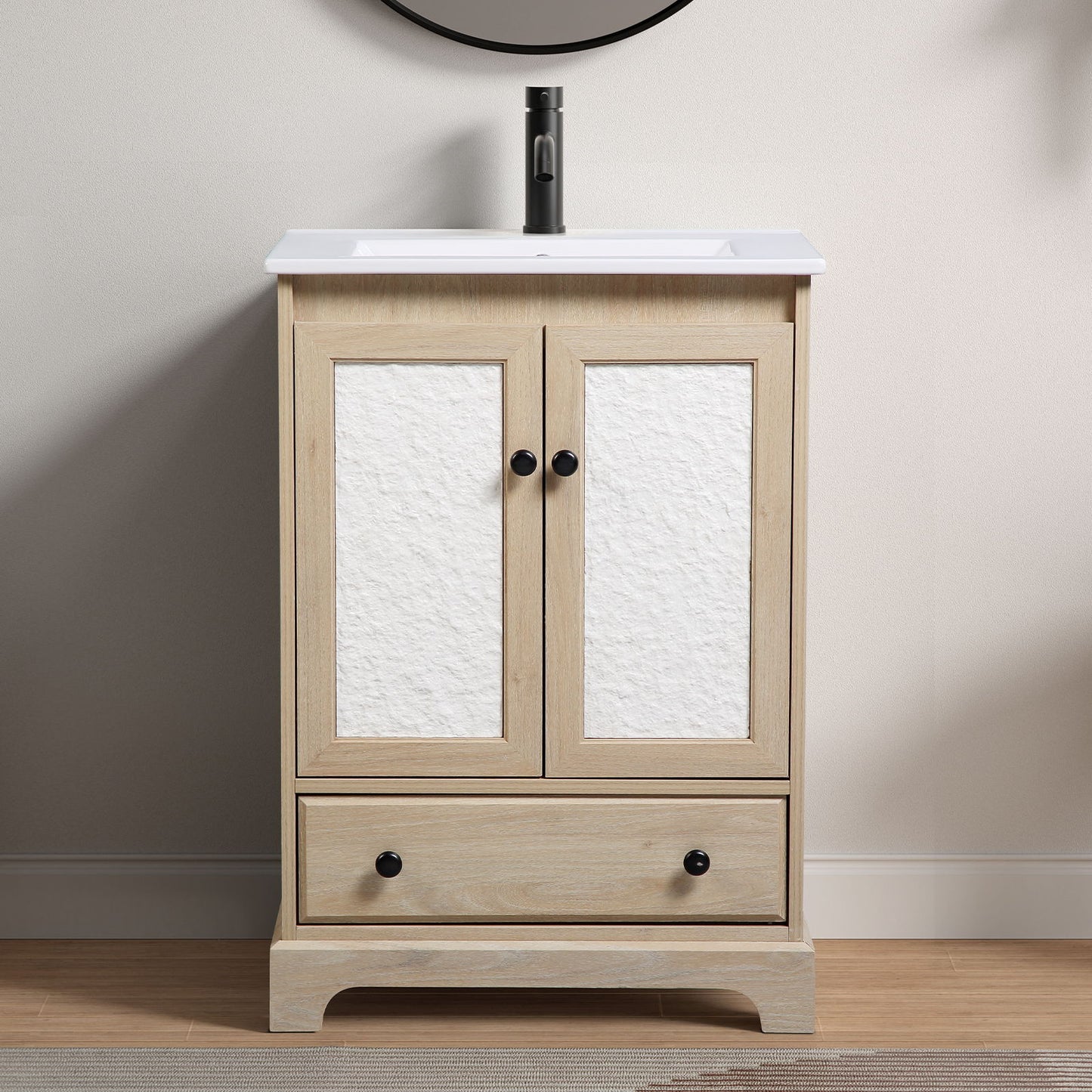 Bathroom Vanity Base, Cabinet With Carved Floral Doors - Natural Wood