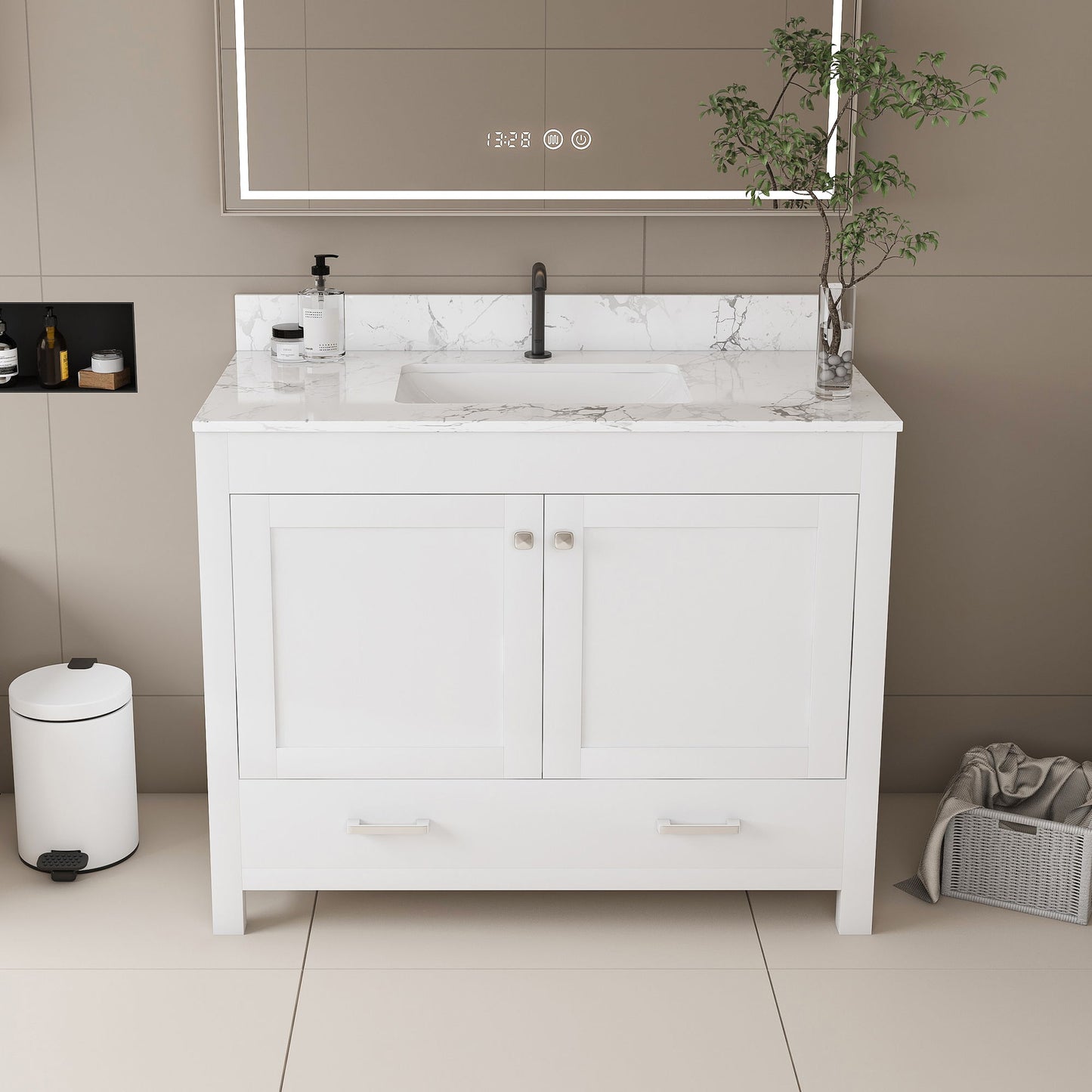 43" Bathroom Vanity With Artificial Marble Carrara Top Set, Multi Functional Cabinet With Doors And Drawer - White