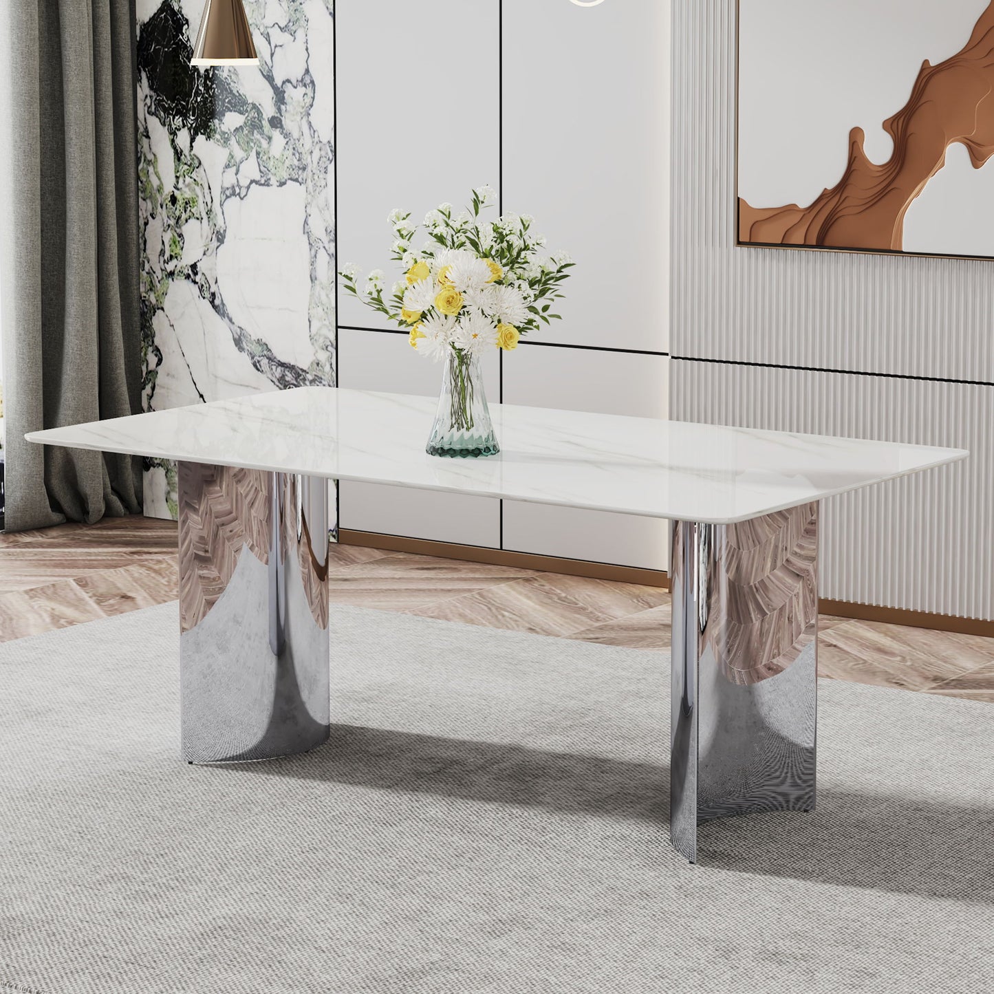 Modern Minimalist Dining Table With Marble Glass Top