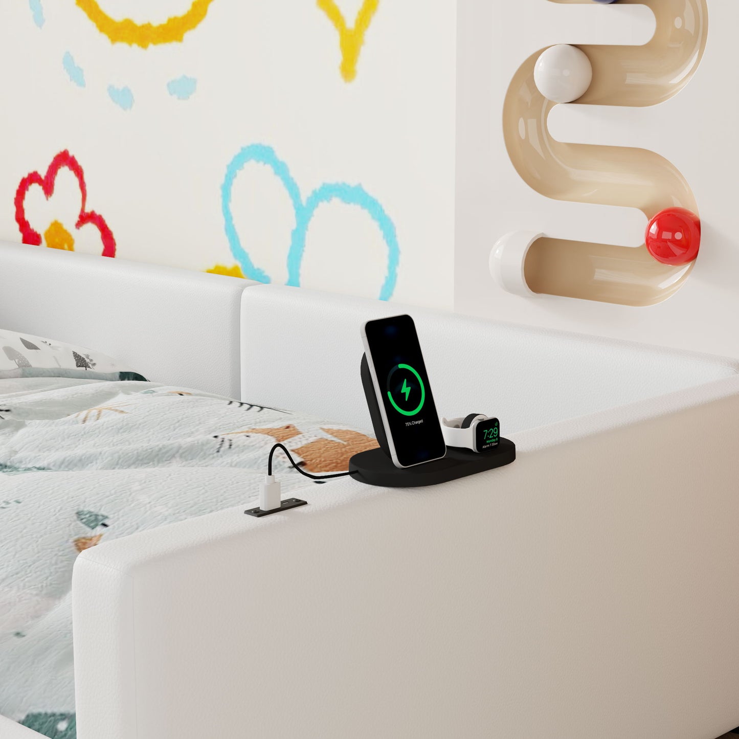 Platform Bed With Guardrail And Charging Station