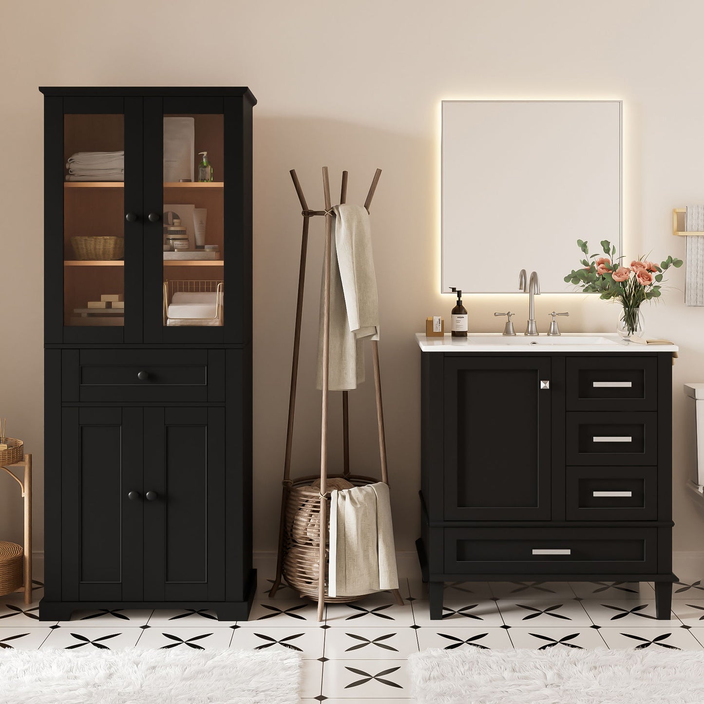 Bathroom Vanity & Tall Storage Cabinet Set With Doors, Adjustable Shelves, Soft Close Hinges, Sink