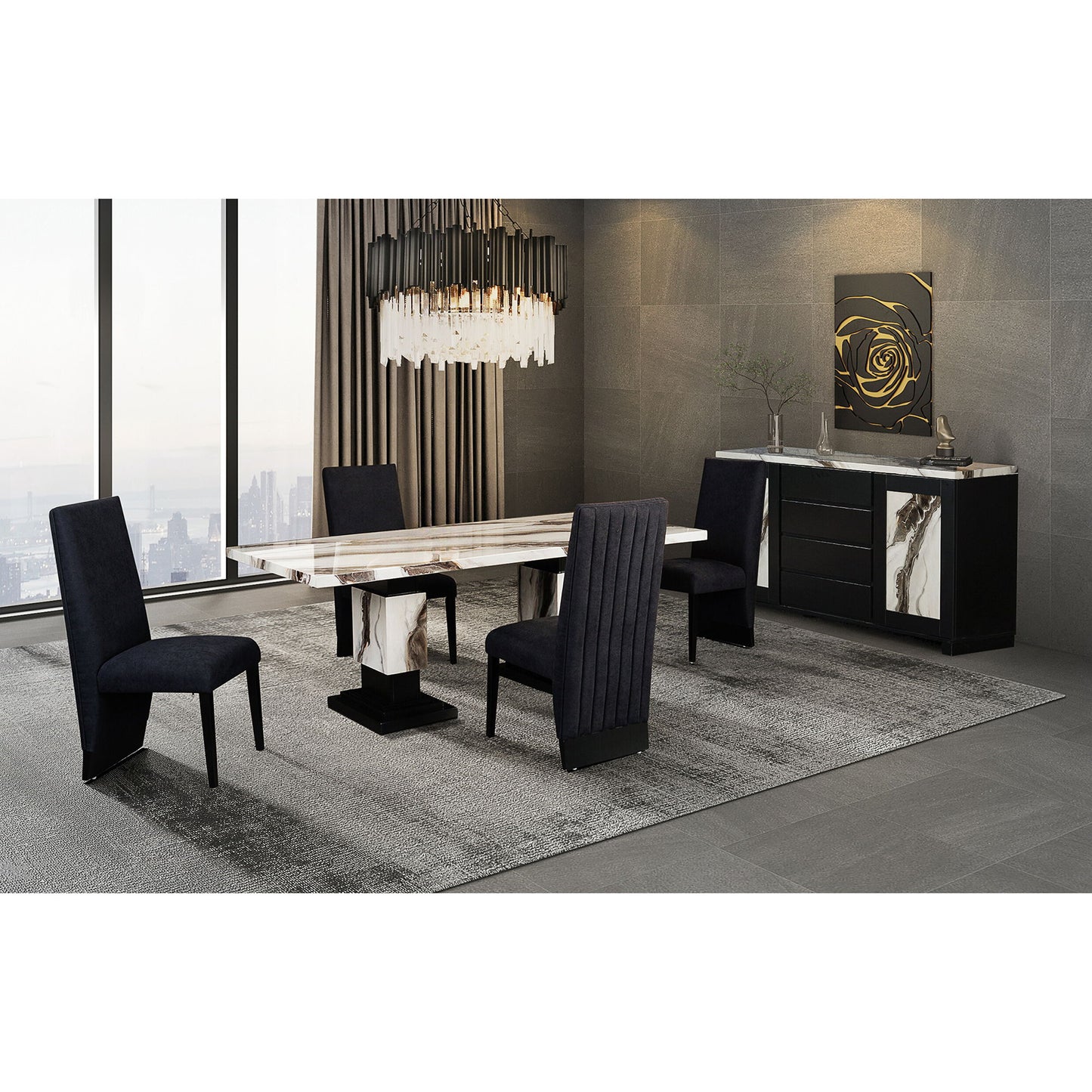 Stacey - Buffet With Storage Drawers And Marble Detailing - Black / Marble