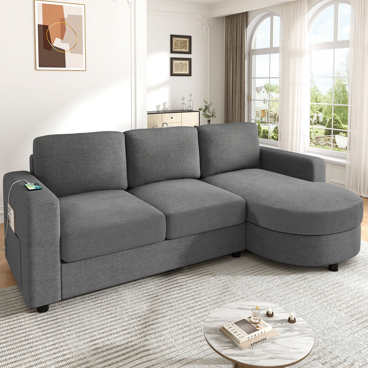 Modern L-Shaped Sectional Sofa With Curved Chaise, USB Ports, And Side Storage Pockets