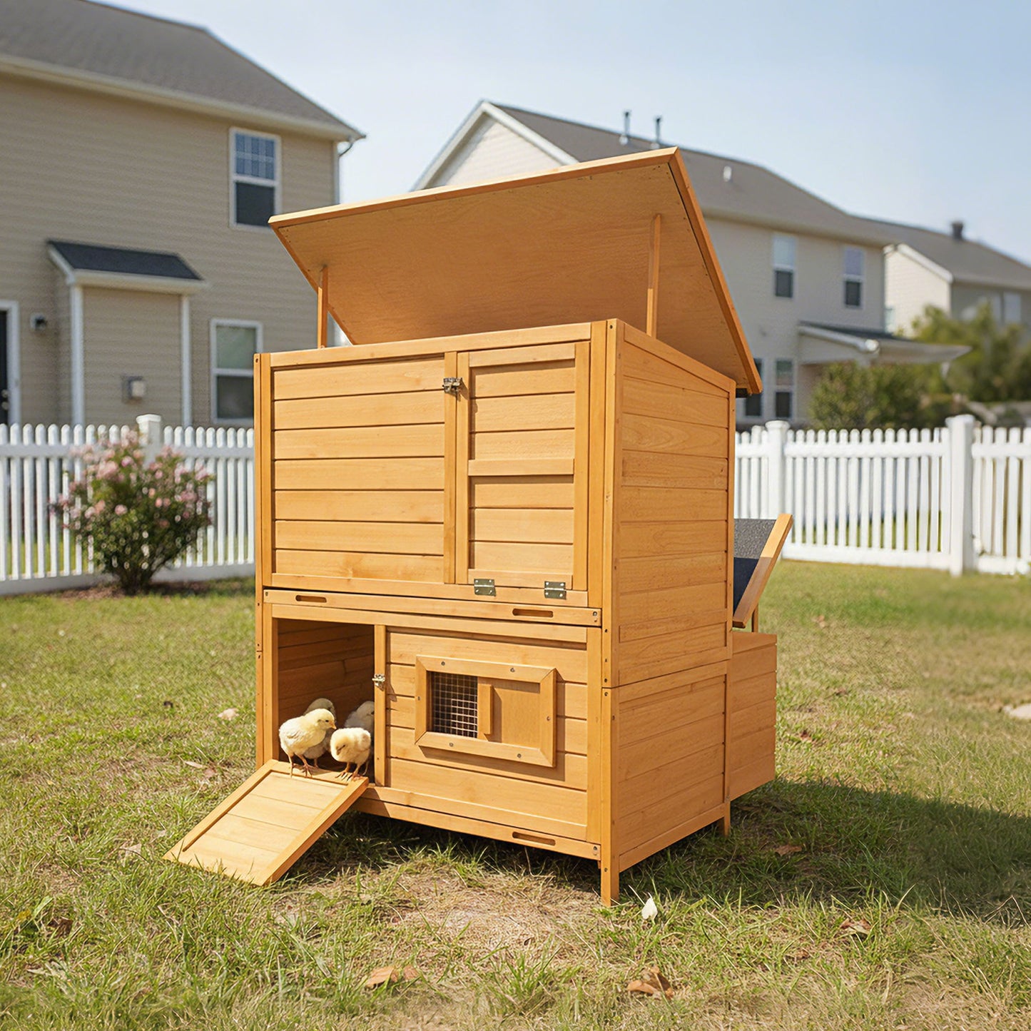 Chicken Coop, Large Chicken Coop With 3 Nesting Boxes, Foldable Ramp And Flip Up Asphalt Roof - Orange