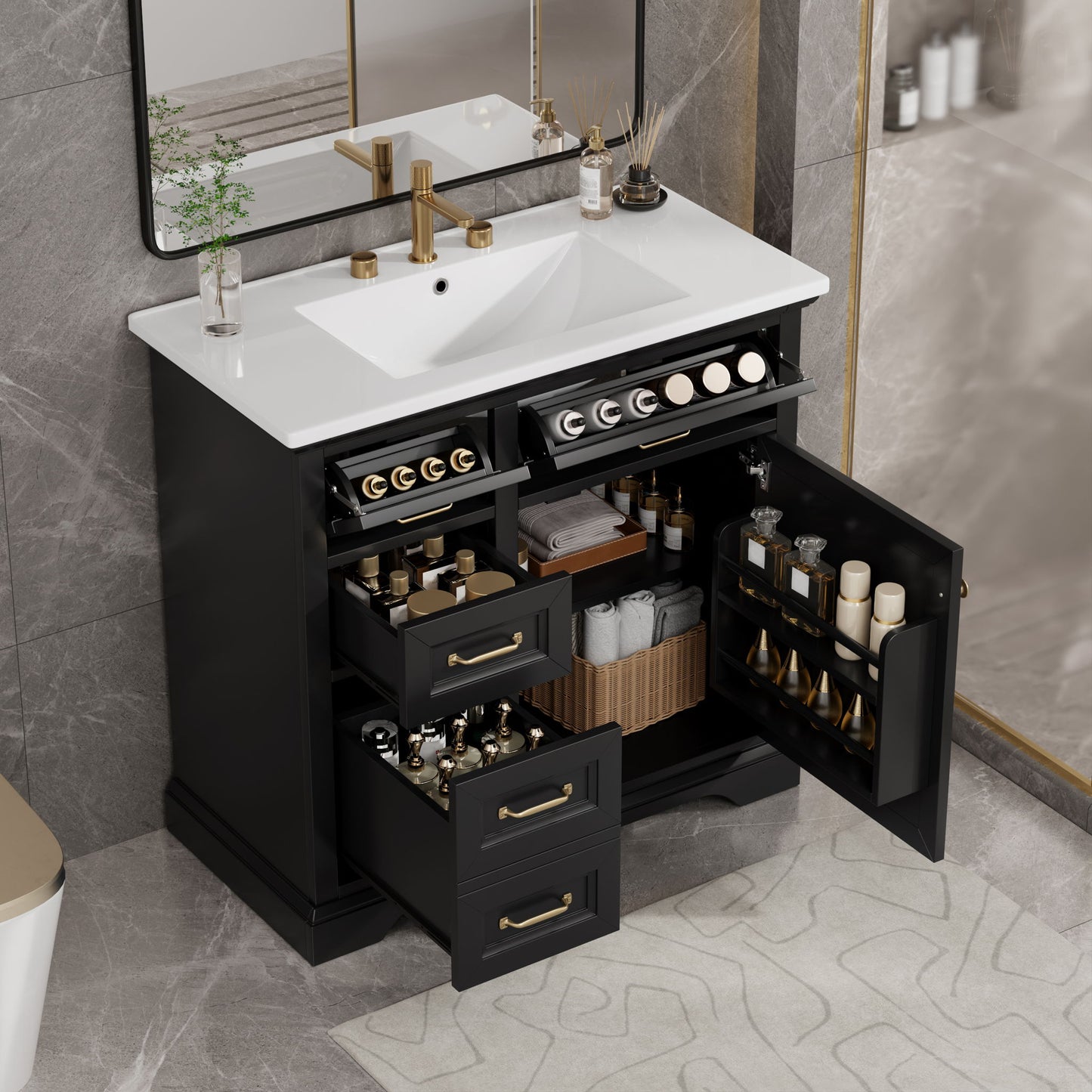 Modern Bathroom Vanity With Sink Top, 4 Drawers And 1 Soft-Close Door