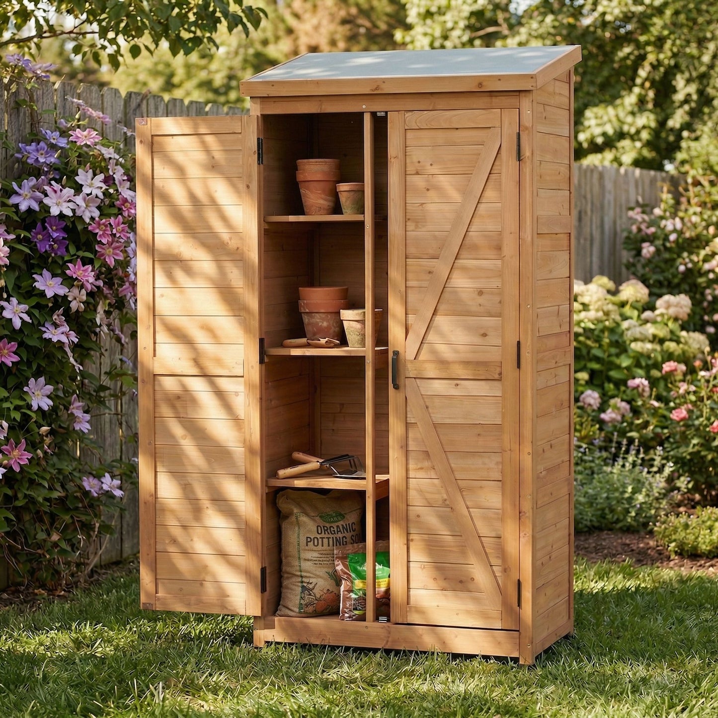 Outdoor Storage Shed With Top Tall Vertical Tool Cabinet - Gold