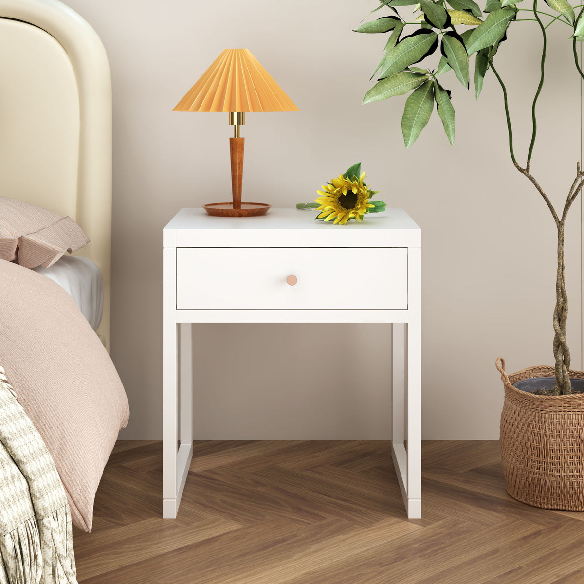 Nightstand With Drawer, Minimalist Bedside Table, Compact End Table For Bedroom - White